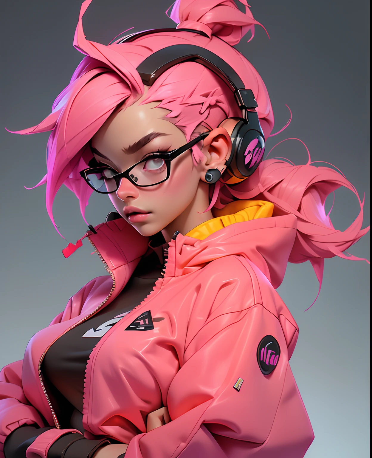 ((Best quality)), ((masterpiece)), ((realistic)) and ultra-detailed photography of a 1nerdy girl with neon headphones. She has ((pink hair)), is wearing an orange techwear jacket, and exudes a ((beautiful and aesthetic)) vibe.