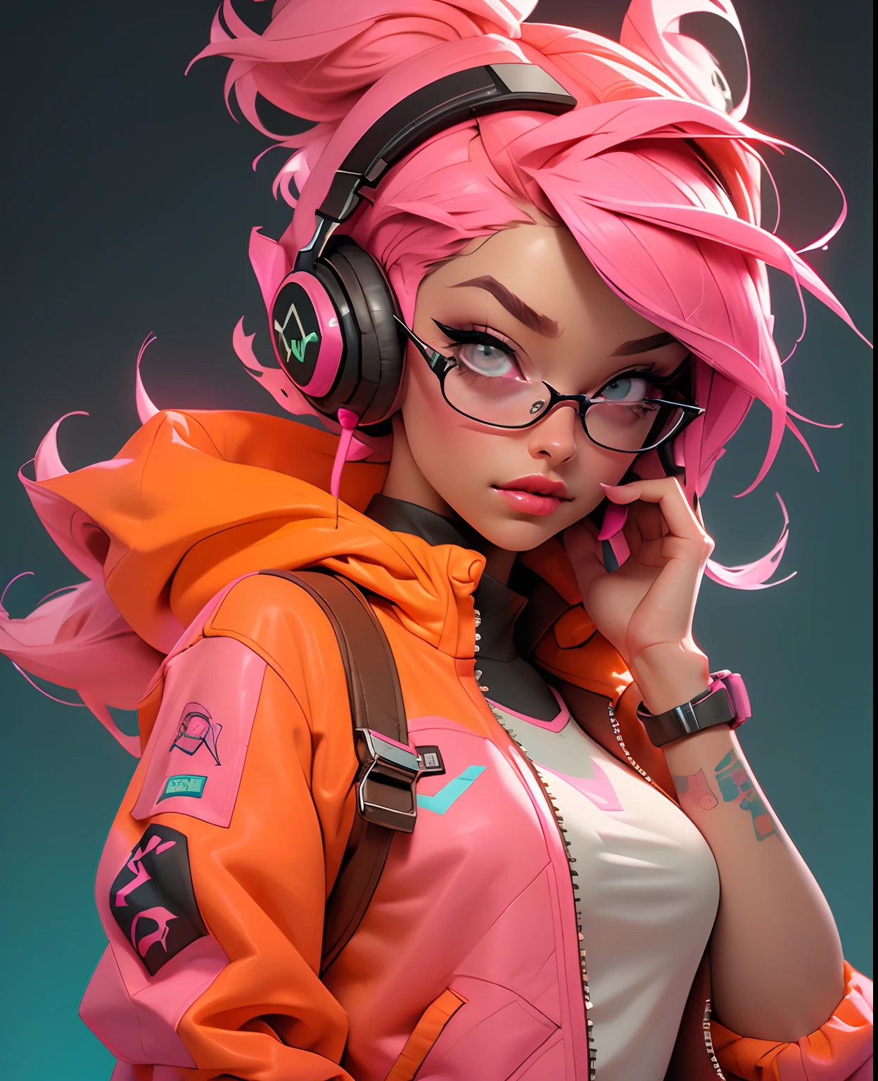 ((Best quality)), ((masterpiece)), ((realistic)) and ultra-detailed photography of a 1nerdy girl with neon headphones. She has ((pink hair)), is wearing an orange techwear jacket, and exudes a ((beautiful and aesthetic)) vibe.