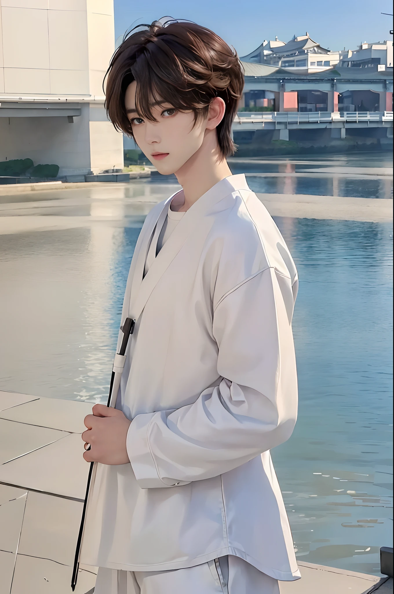 ​masterpiece、top-quality)、One Manly Boy、Slim body、((Black and white casual clothes:1.1))、(Detailed beautiful eyes)、In the Han River、Face similar to Chaewon in Le Selefim、((short hair above the ears))、((Smaller face))、((Neutral face))、((Light brown eyes))、((Korean boy))、((18year old))、((Handsome man))、((Wild look))、((Korean Makeup))、((elongated and sharp eyes))、((Happy dating))、((He is walking in front of the viewer))、((shot from a side angle))