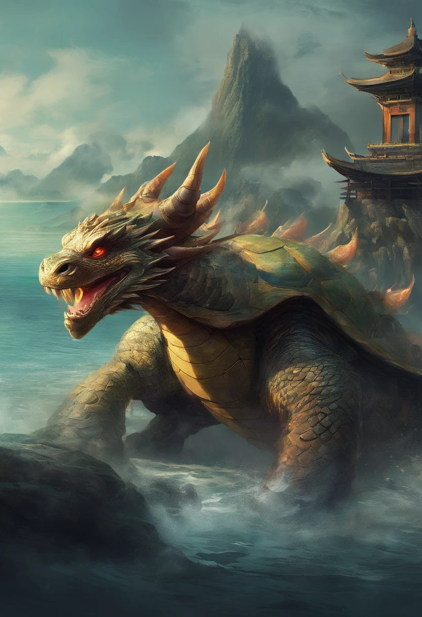Dragon turtle,Huge, Heavy tortoiseshell shell,Chinese leader,The long tail of the snake,swell sea,China-style,oc rendered,super-fine,high qulity,A high resolution