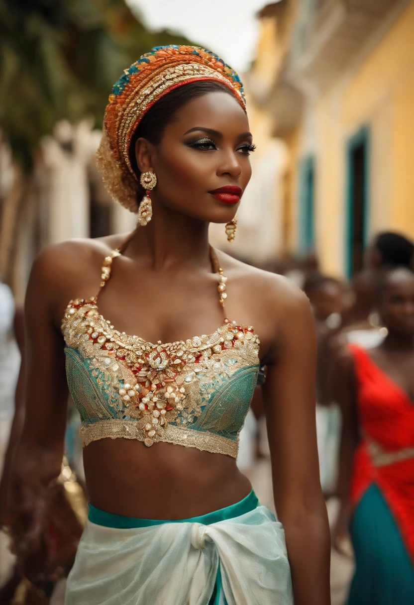 Welcome to the enchanting streets of Cap-Haïtien, where beauty and elegance meet. Imagine yourself as a black supermodel who parades confidently and gracefully through the bustling streets of this historic city. Describe the scene, the clothes you wear, les regards admiratifs des passants et l'ambiance vibrante qui vous entoure. Unleash your creativity to bring to life this unique experience of the life of a supermodel through the streets of Cap-Haitien."