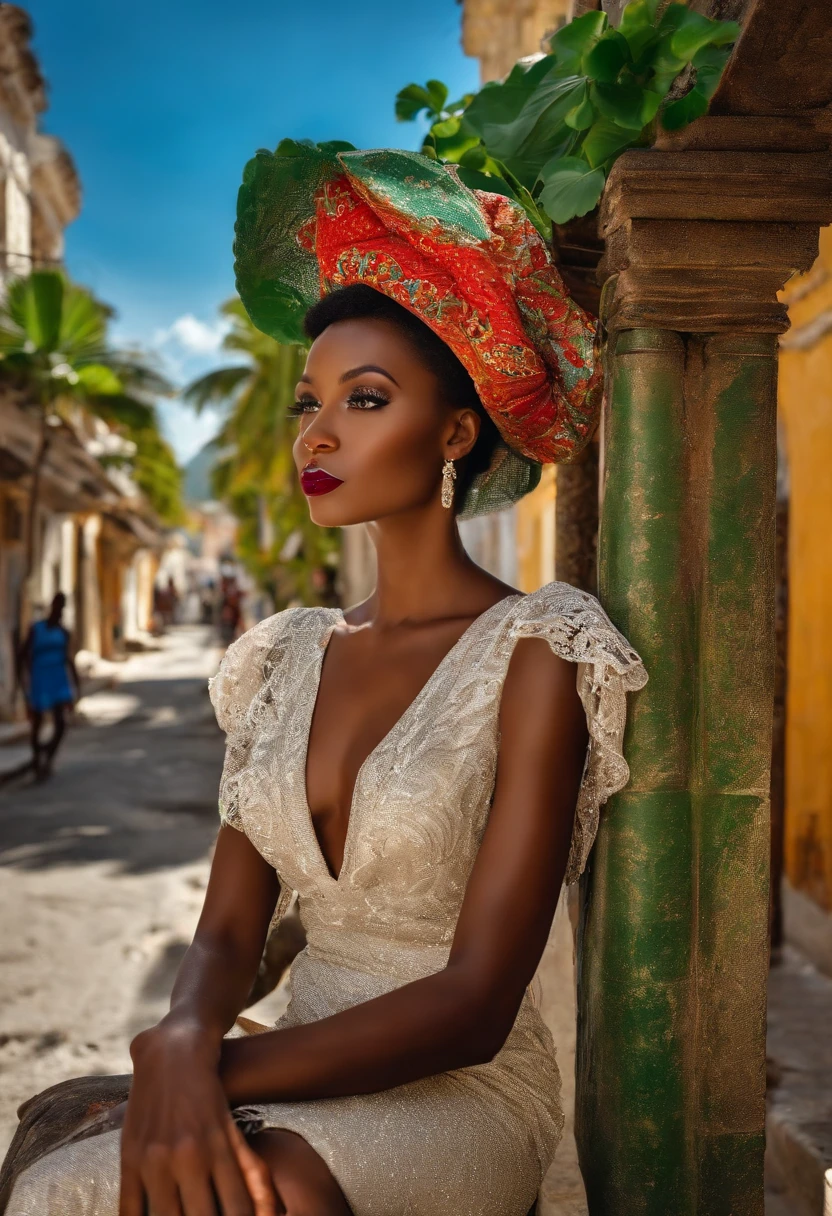 Welcome to the enchanting streets of Cap-Haïtien, where beauty and elegance meet. Imagine yourself as a black supermodel who parades confidently and gracefully through the bustling streets of this historic city. Describe the scene, the clothes you wear, les regards admiratifs des passants et l'ambiance vibrante qui vous entoure. Unleash your creativity to bring to life this unique experience of the life of a supermodel through the streets of Cap-Haitien."