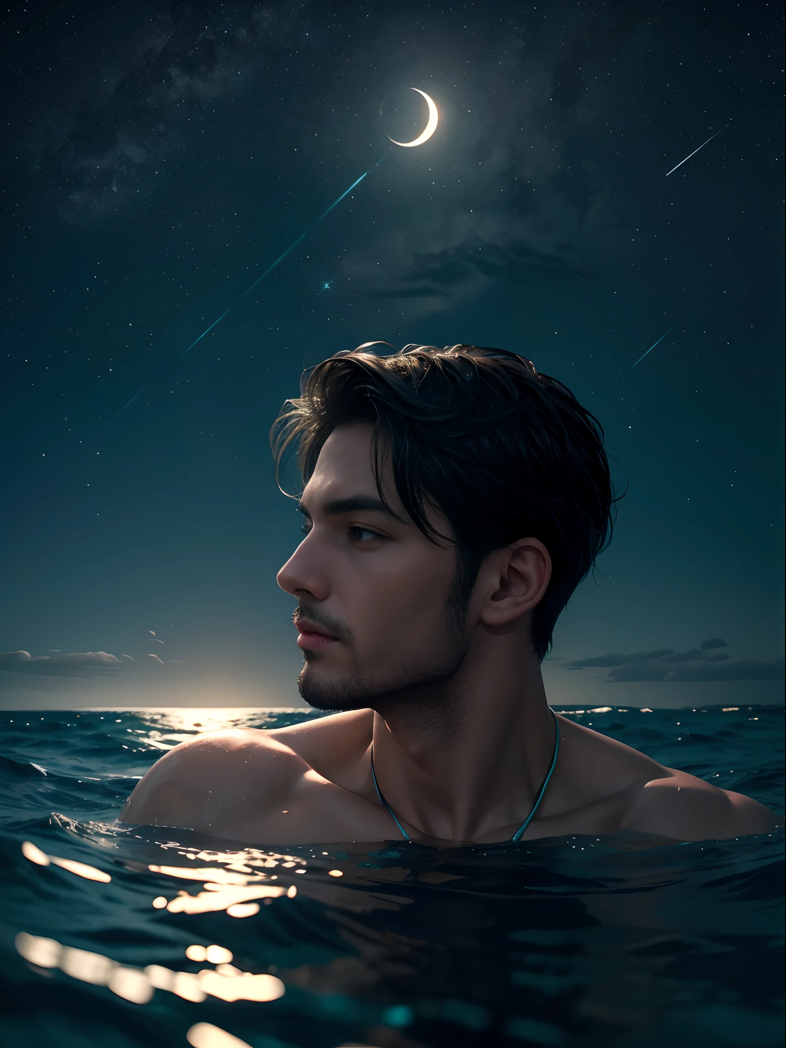 a man, in a sea, with half his body submerged in the water, behind a starry sky with a moon in the center