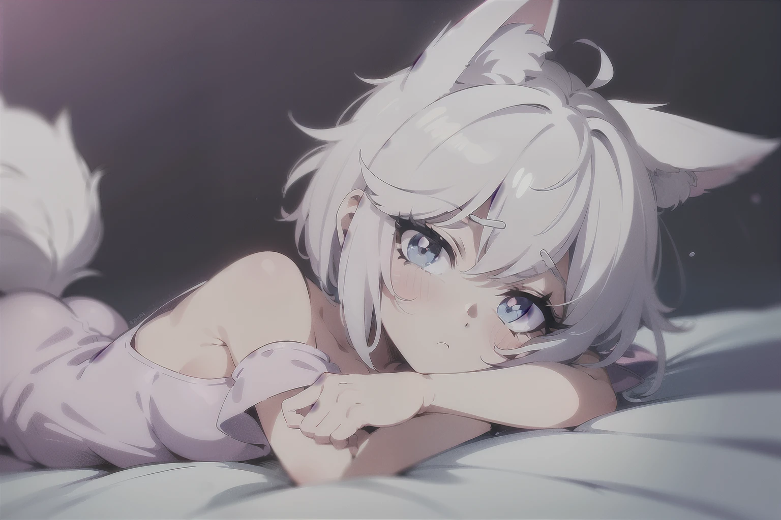 High quality, 1girl, ((((Candy Candy anime style)))), (wolf girl, wolf ears, wolf tail), animal ears, animal tail, ((((short hair)))), ((silver white hair)), hair clip, ((hair tap eye)), ((blue eyes)), long eyeslashes, eyeliner, (((small breasts, old pijama))), ((worried, sad expression, mellancholic look, blue eyes)), (white background), closed_mouth, blush, eyelashes, detailed shadows, detailed body, detailed eyes, detailed lines, (((manga style, manga coloring, 4K))).