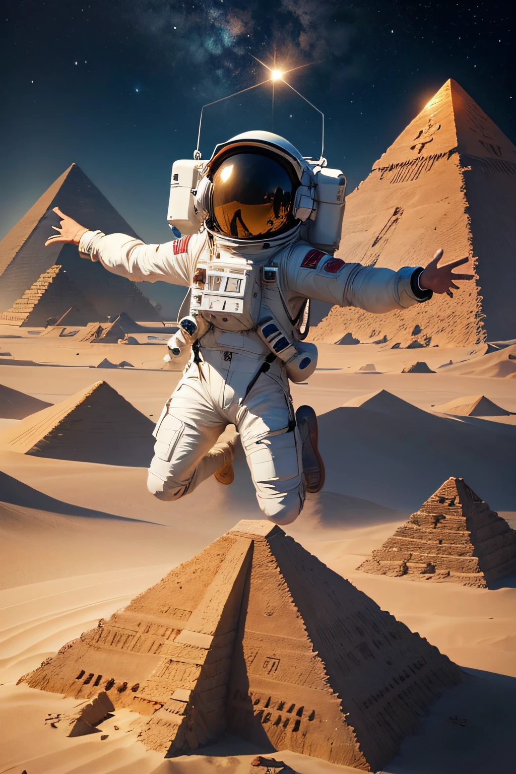 On an alien planet, a really happy astronaut jumping for joy discovers pyramids and obelisks with very detailed and magnificent nonperpetual hieroglyphs