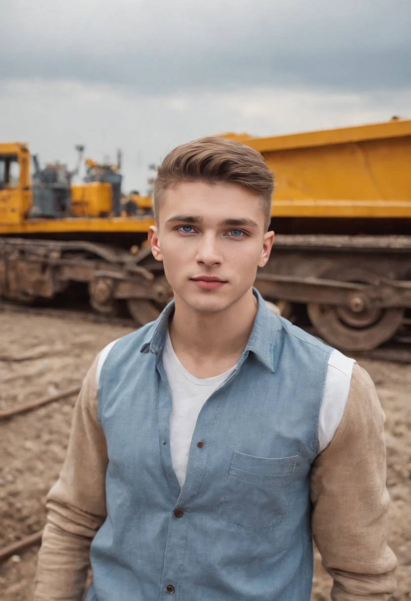 Photographic Plane D&#39;A handsome, blue-eyed young Ukrainian working on a railway construction site