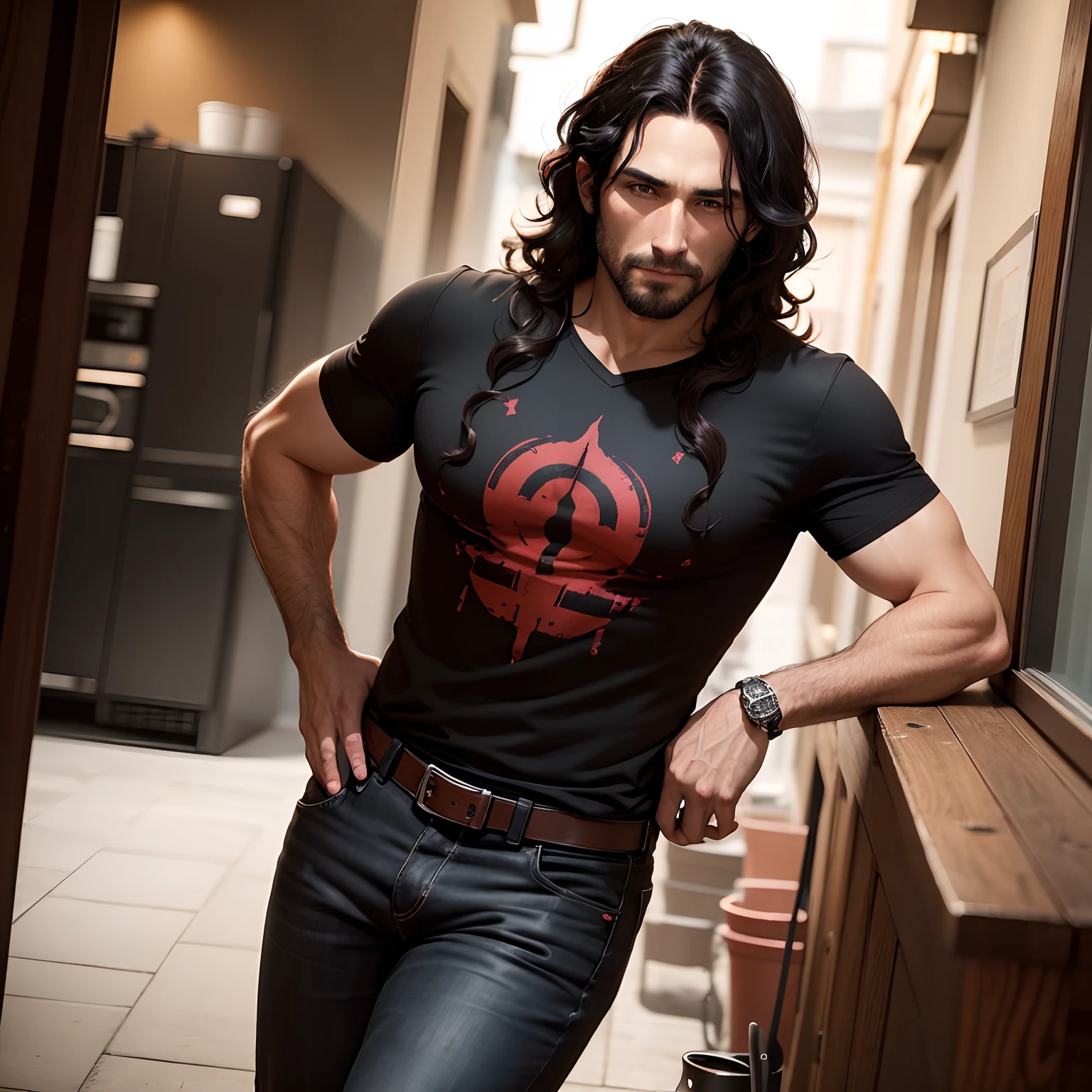 A 39 year old man with black wavy hair and deep brown eyes wearing a black and red cowboy shirt, black jeans and dark brown boots