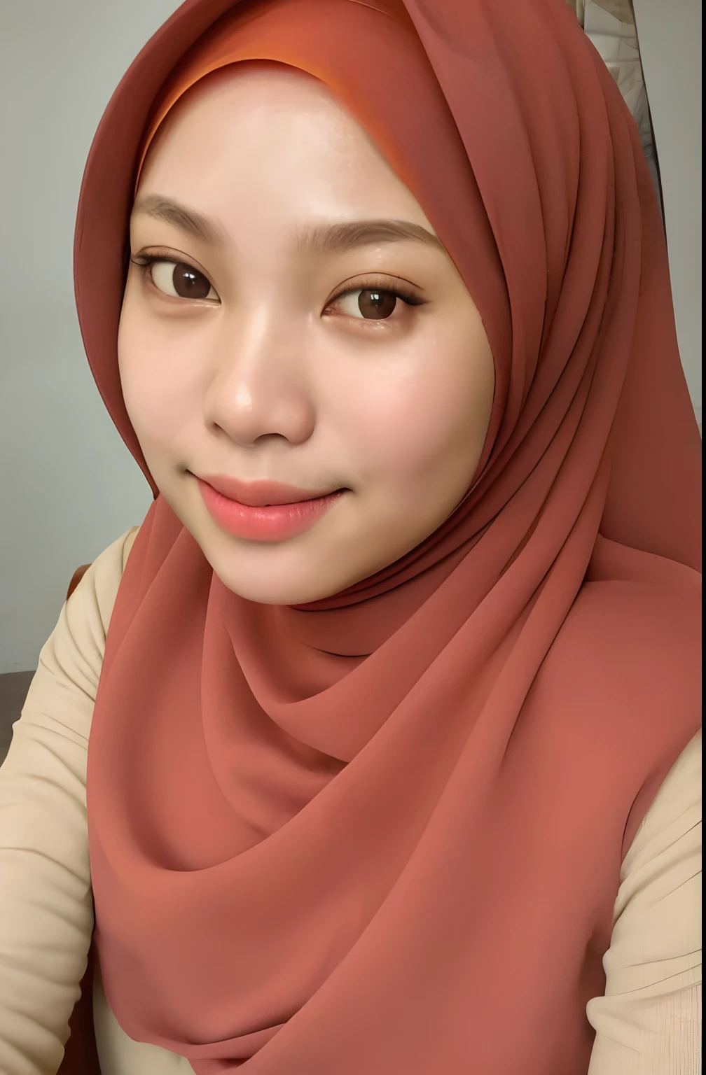 a photo portrait of a beautiful malay girl with hijab, detail skin texture, (plain pastel red hijab), (medium shot portrait:1.3), dramatic light , Rembrandt lighting scheme, (hyperrealism:1.2), (8K UHD:1.2), (photorealistic:1.2), shot with Canon EOS 5D Mark IV, detailed face, detailed skin texture