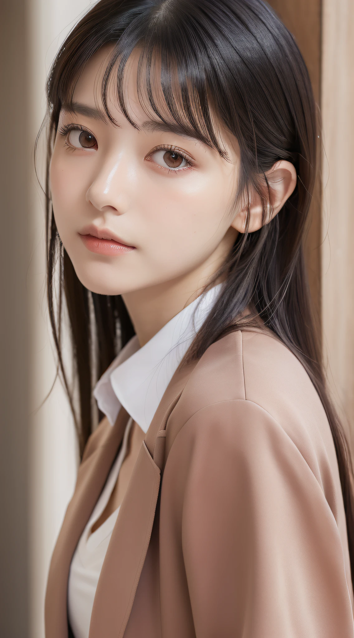 1 adult female, (up of face:1.5), Black hair, Blunt bangs, hair behind ear, hair over shoulder, Long hair, Ultra Fine Face, Thin face, Delicate lips, (beautidful eyes:1.5), thin blush, eyes are light brown,View here, （Hands hide）, formal jackets, a choker ,Port Area ,One-person viewpoint,  8K, masutepiece, nffsw, Super Detail, High quality, Best Quality, hight resolution,