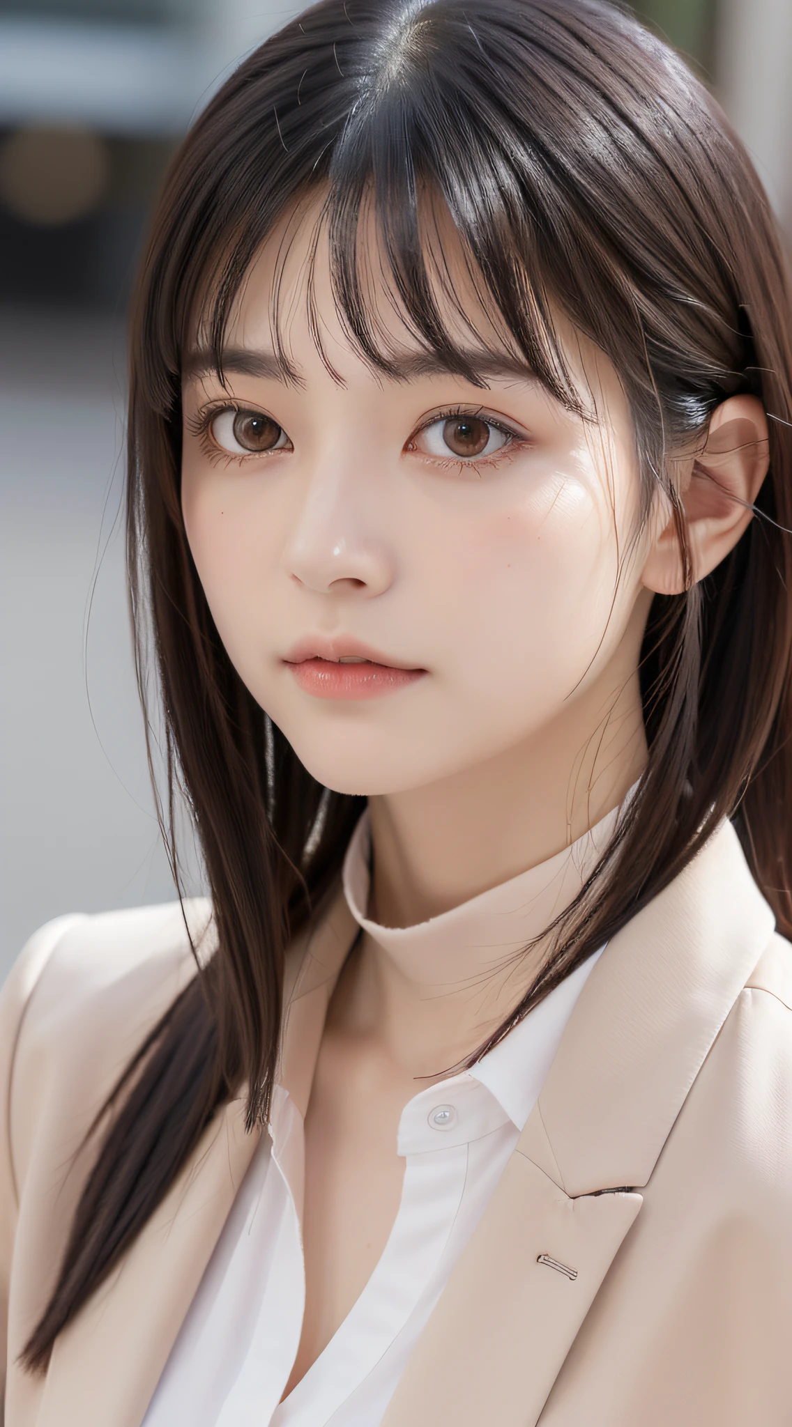 1 adult female, (up of face:1.5), Black hair, Blunt bangs, hair behind ear, hair over shoulder, Long hair, Ultra Fine Face, Thin face, Delicate lips, (beautidful eyes:1.5), thin blush, eyes are light brown,View here, （Hands hide）, formal jackets, a choker ,Port Area ,One-person viewpoint,  8K, masutepiece, nffsw, Super Detail, High quality, Best Quality, hight resolution,