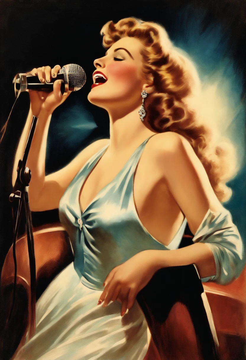 A portrait of a beautiful young woman singing karaoke, vintage illustration, chromolithograph, 80s style, white background.