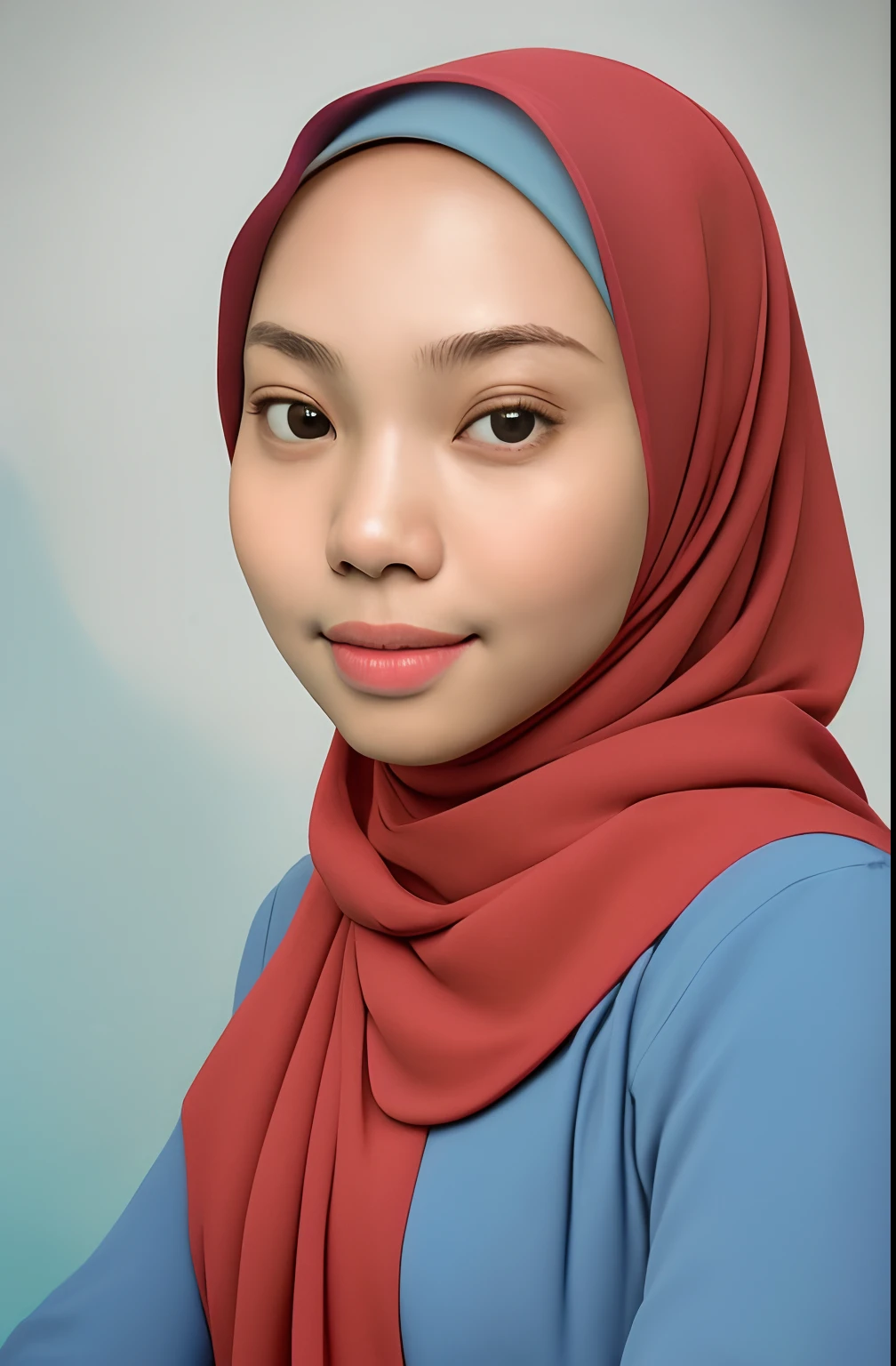 a photo portrait of a beautiful malay girl with hijab, (plain pastel red hijab), light blue background, (medium shot portrait:1.3), dramatic light , Rembrandt lighting scheme, (hyperrealism:1.2), (8K UHD:1.2), (photorealistic:1.2), shot with Canon EOS 5D Mark IV, detailed face, detailed skin texture