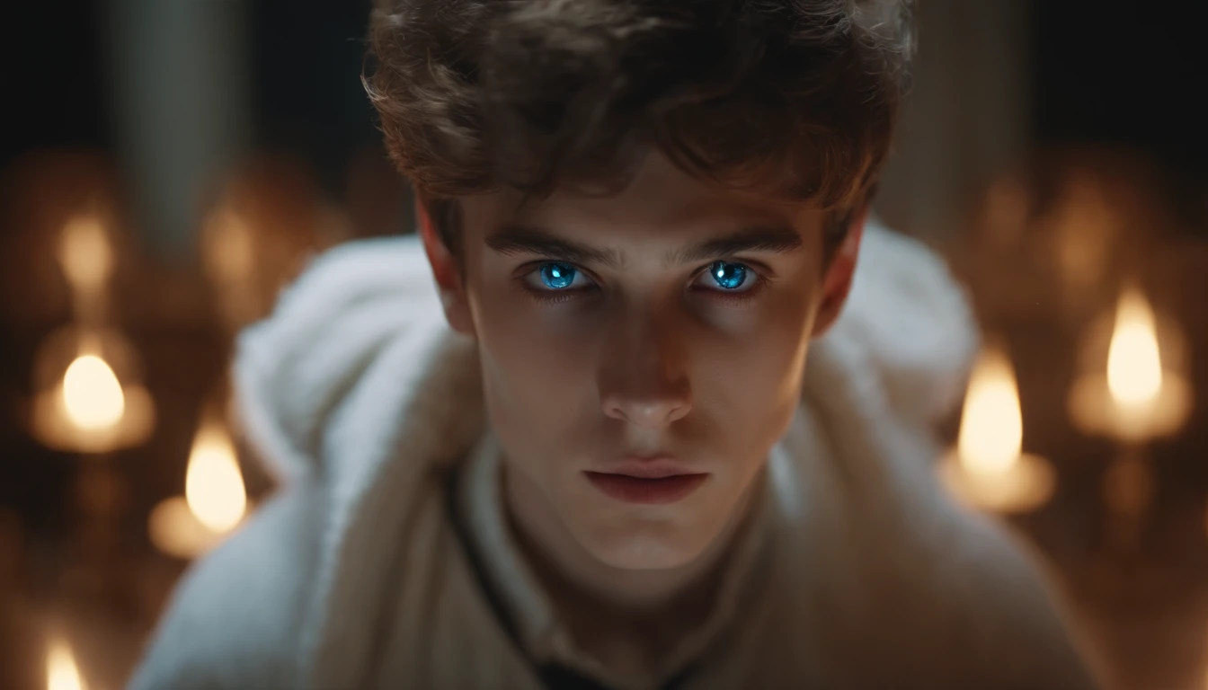 a young man approximately 16 years of age, with the appearance of demonic possession, with pupils white eyes, cinematic. 8k, realistic
