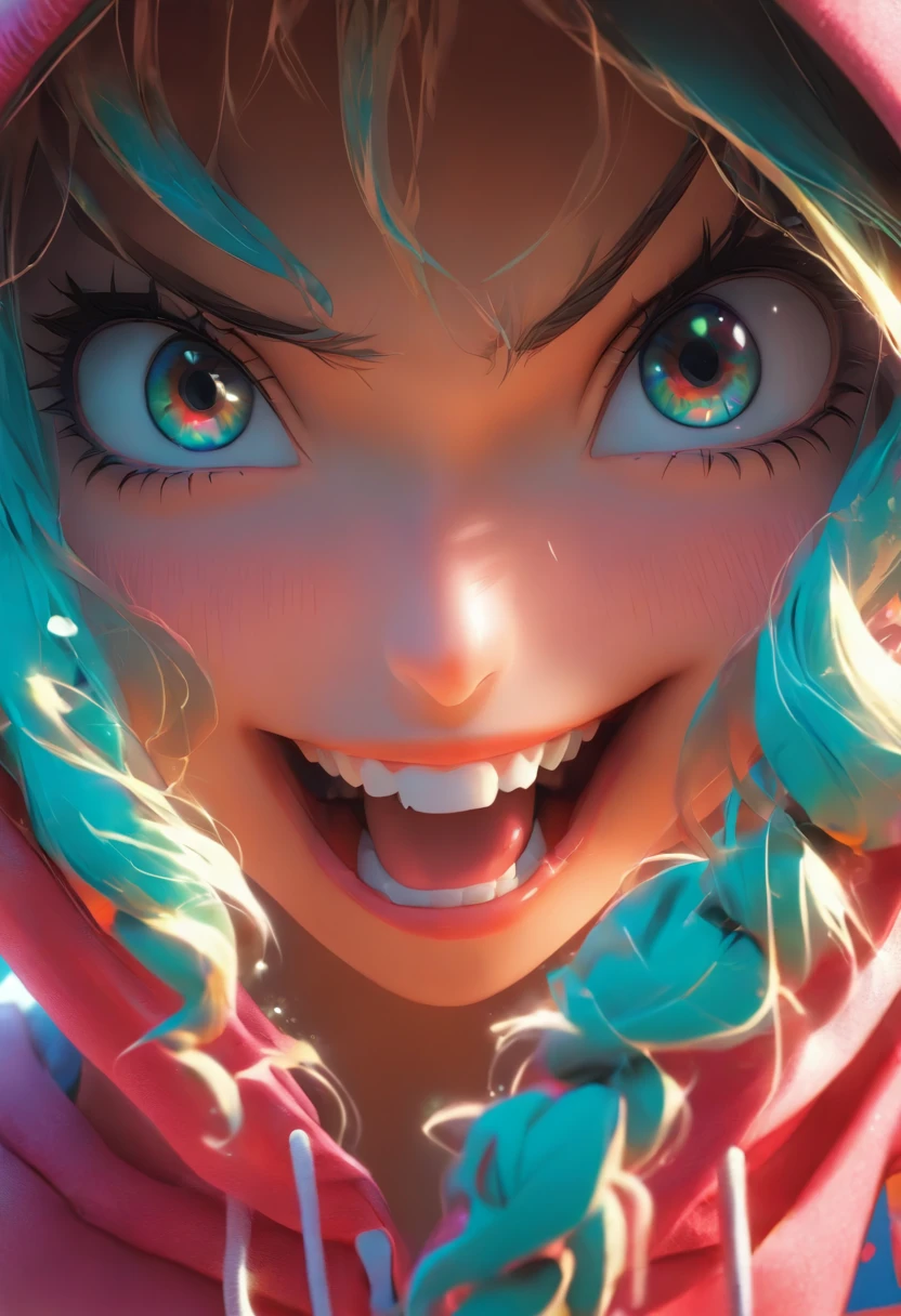 Top quality, 。.3D.Masterpiece, high resolution, 8K, Hoodie and anime style girl, One girl, detailed line art, Digital enhancement, Close up, Anime core, Flowing fabric,Grimacing