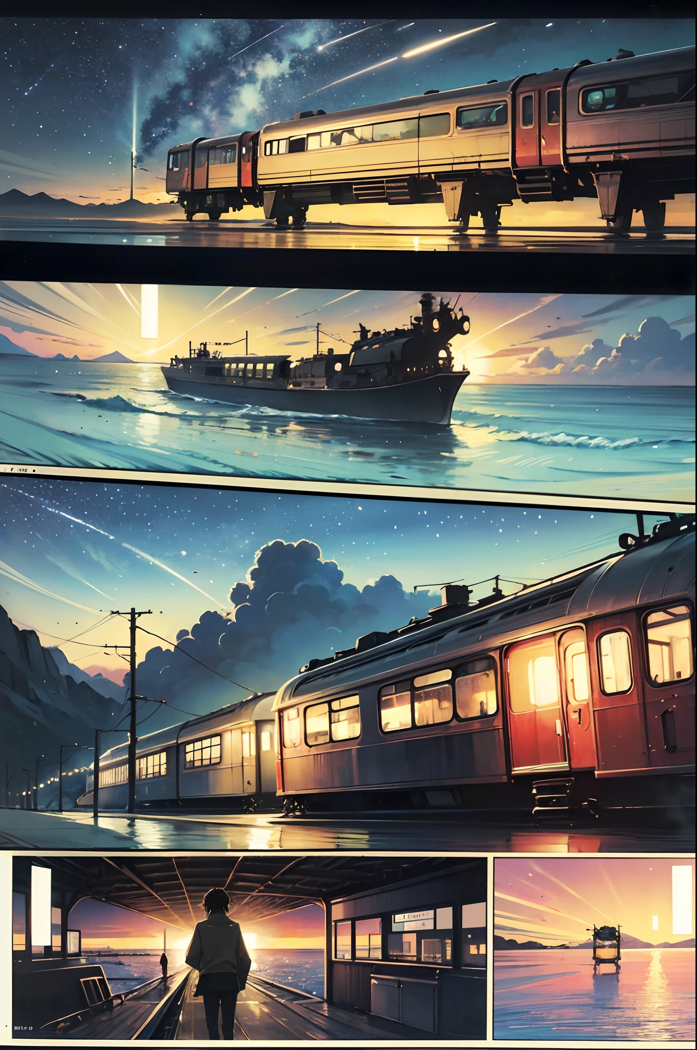 comic strip,Cartoon Split,Storyboard,Masterpiece, Anime train passing through bodies of water on tracks, Bright starry sky. Romantic train, Makoto Shinkai's picture, Pisif, concept-art, Lofi art style, Reflection. By Makoto Shinkai, Lofi art, beautiful anime scenes, Anime landscape, Detailed scenery —width 672, in the style of makoto shinkai, Makoto Shinkai's style, Enhanced detail.