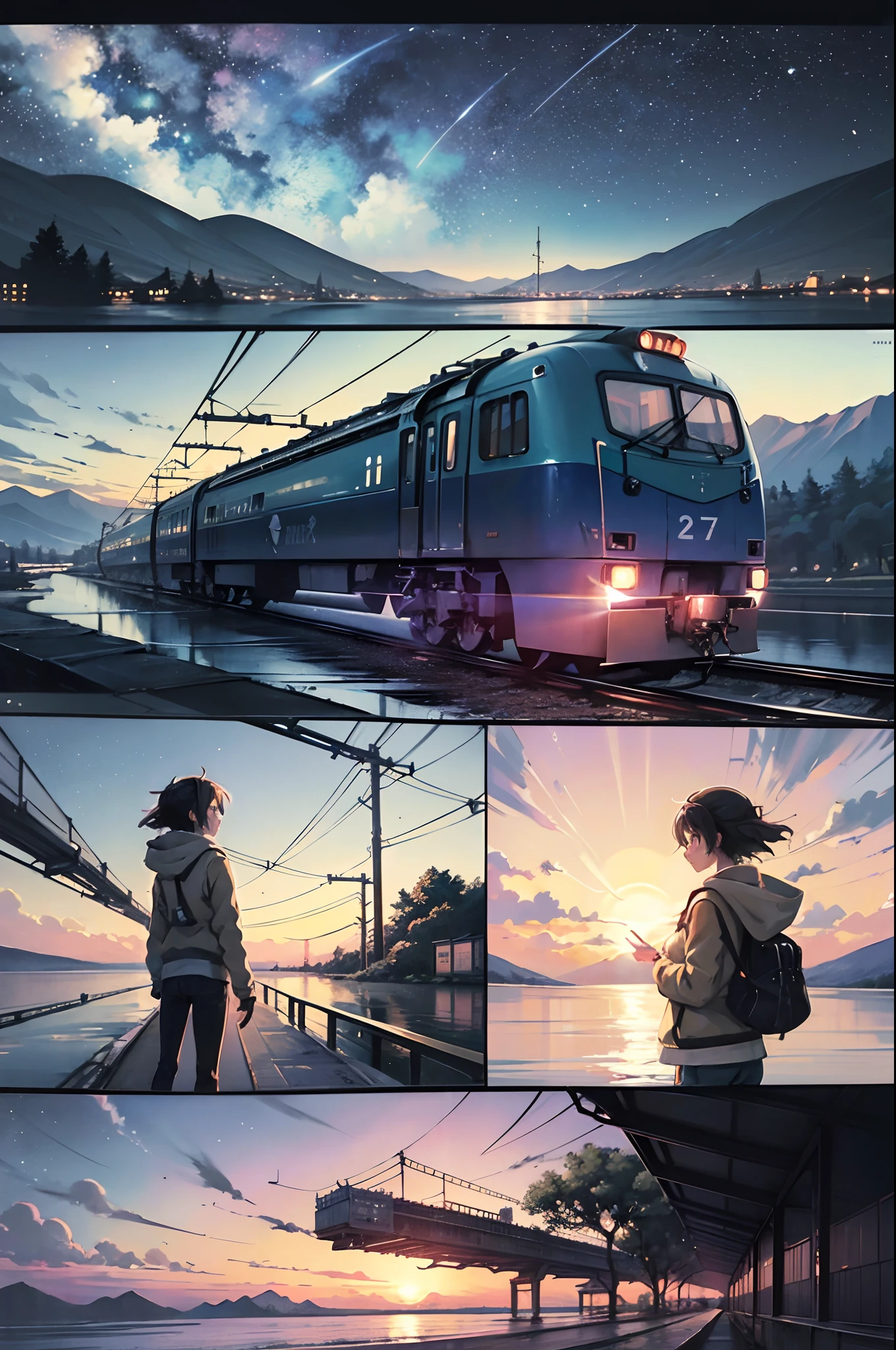 comic strip，Cartoon Split，Storyboard，Masterpiece, Anime train passing through bodies of water on tracks, Bright starry sky. Romantic train, Makoto Shinkai's picture, Pisif, concept-art, Lofi art style, Reflection. By Makoto Shinkai, Lofi art, beautiful anime scenes, Anime landscape, Detailed scenery —width 672, in the style of makoto shinkai, Makoto Shinkai's style, Enhanced detail.