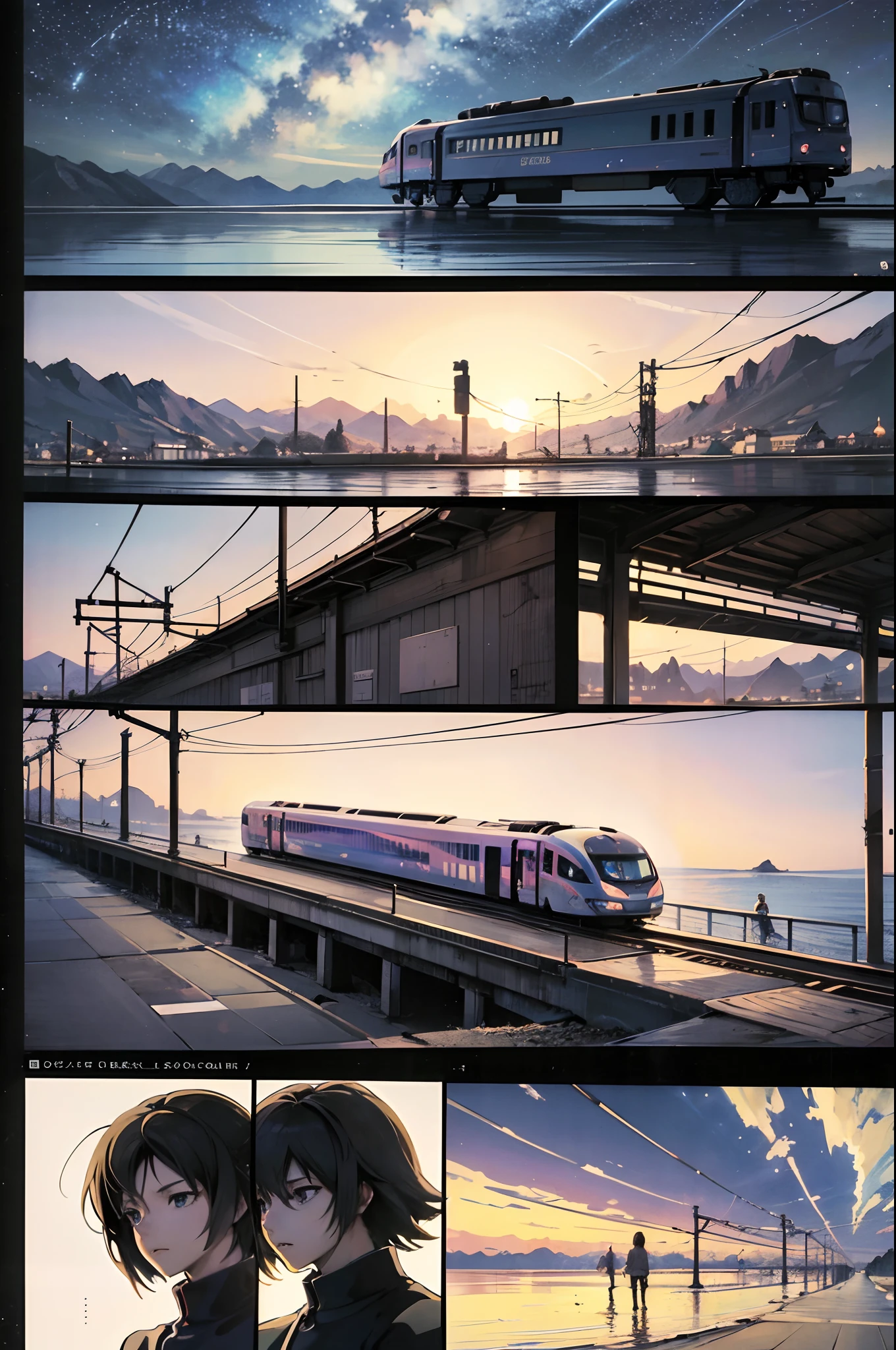 comic strip,Cartoon Split,Storyboard,Masterpiece, Anime train passing through bodies of water on tracks, Bright starry sky. Romantic train, Makoto Shinkai's picture, Pisif, concept-art, Lofi art style, Reflection. By Makoto Shinkai, Lofi art, beautiful anime scenes, Anime landscape, Detailed scenery —width 672, in the style of makoto shinkai, Makoto Shinkai's style, Enhanced detail.