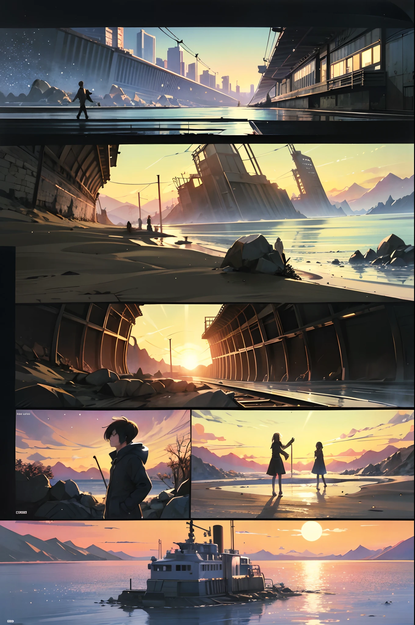 comic strip,Cartoon Split,Storyboard,Masterpiece, Anime train passing through bodies of water on tracks, Bright starry sky. Romantic train, Makoto Shinkai's picture, Pisif, concept-art, Lofi art style, Reflection. By Makoto Shinkai, Lofi art, beautiful anime scenes, Anime landscape, Detailed scenery —width 672, in the style of makoto shinkai, Makoto Shinkai's style, Enhanced detail.