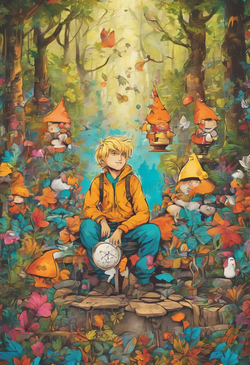 Imagine a young blond man in a magical forest with gnomes, cogumelos, estrelas, lua cheia