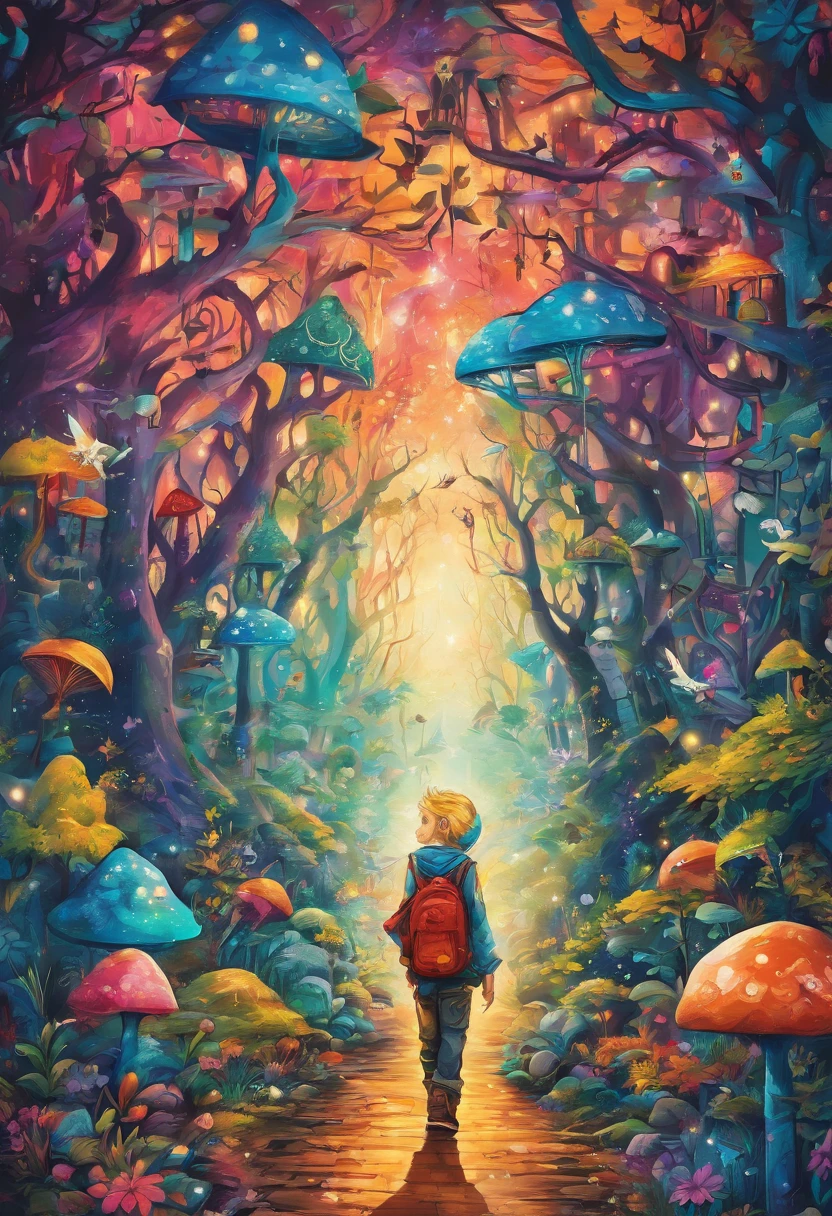 Imagine a young blond man in a magical forest with gnomes, cogumelos, estrelas, lua cheia