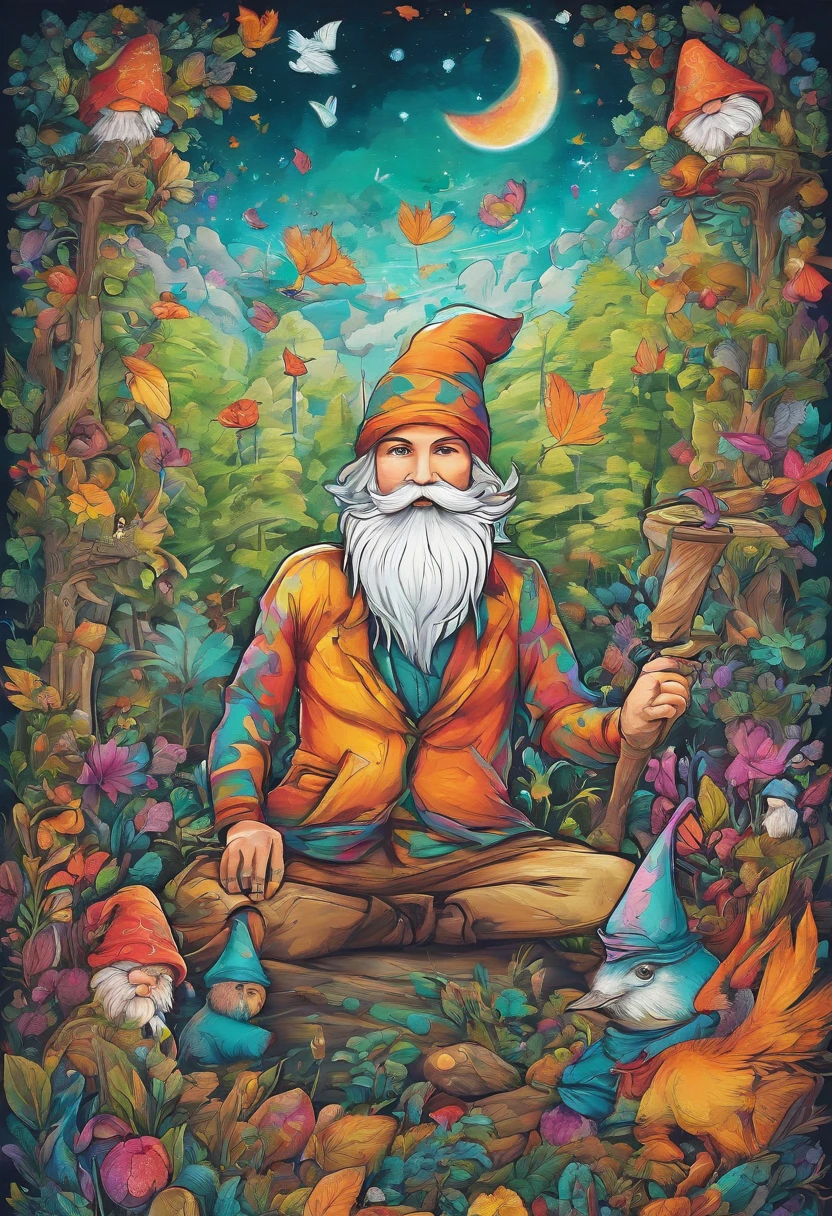 Imagine a young blond man in a magical forest with gnomes, cogumelos, estrelas, lua cheia