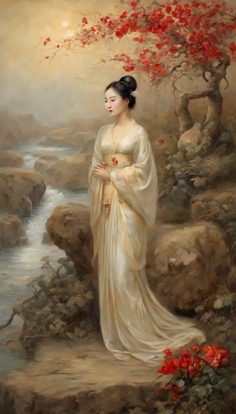 I was the tears that lingered on the wheels of that year, You can still smell rouge in the wind, If I carve my promise on the banks of that river, Cold water of the river, An ocean full of moonlight, I have been waiting for you under the tree of time for a long time, Dust haunts me and slanders me，Laugh at me, You see, Paper kites chasing the sunset in the sky，It's like a wind lantern，Look back into the night and say goodbye, My heart is like quicksand banished by ruts, If you come back into this world again, If you meet the rain of that autumn night and the tired birds are also drenched, Dead under the flower wall is the dead Huang Jun, Live in Qiantang, Concubine Dong went to Lin'an, The little red slave house in brown clothes has a yellow search around the waist, The compass is incorrectly placed in the quantification, The slave went to Hangchengjun, And gave birth to Yu Hang，（Ancient beauty with enchanting figures），（Extremely detailed picture），（8k wallpaper），（Movie lighting），（depth of fields），（obvious light and shadow），（Master painting），（Rich color expression），realisticlying，Masterpiece，Inspired by songs《Flower fairy》，Ray