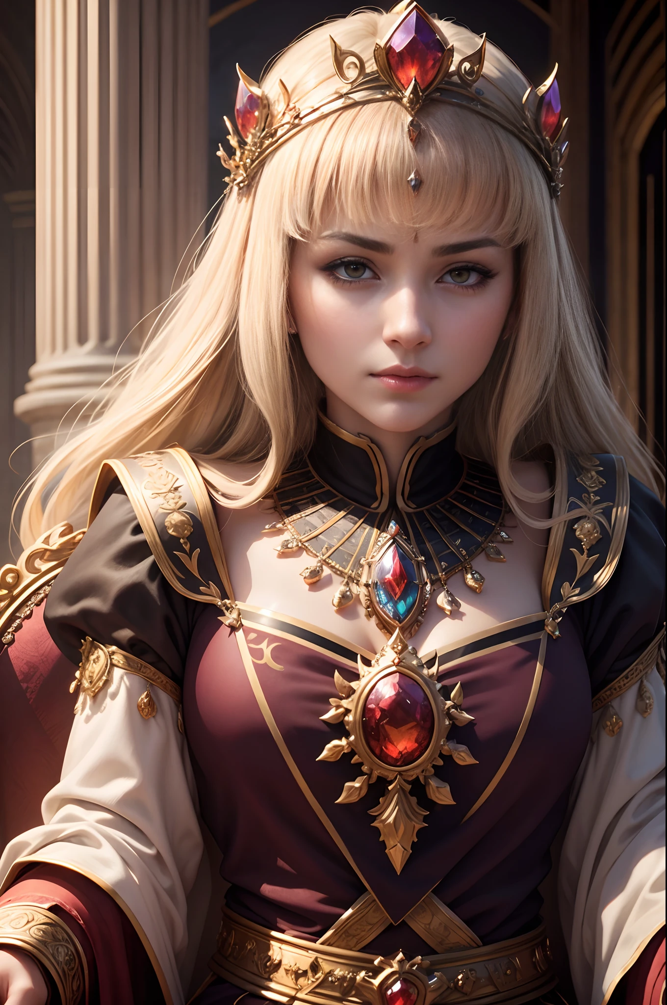 best qualtiy，tmasterpiece，detaileds，intricate-detail，Realistic movie lighting，（Fantasyart：1.6），（Seiza：1.1），（frontage：1.2），erect through，royal，An majestic，A queen，empress，（Huge and magnificent seats：1.4），tiara crown，Front close-up，Stately，souls，upright posture，Serious，dignity，Sitefront，Contemplative，Weight substance，Sceptre，jewely，独奏，a medieval castle，Velvet Carpet，godrays，1 woman　8K,