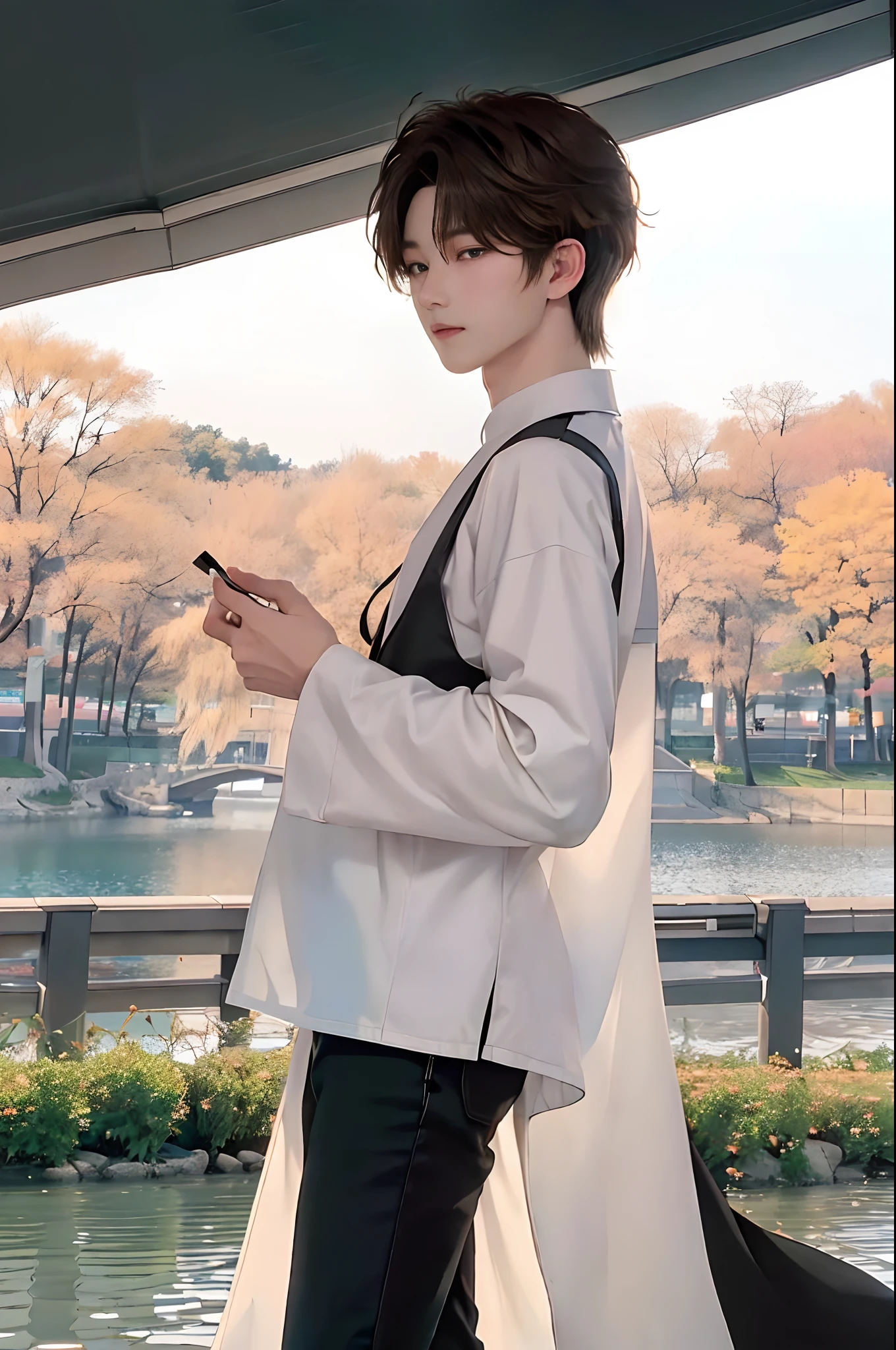 ​masterpiece、top-quality)、One Manly Boy、Slim body、((Long black and white long sleeve pants:1.1))、(Detailed beautiful eyes)、In the Han River、Face similar to Chaewon in Le Selefim、((short hair above the ears))、((Smaller face))、((Neutral face))、((Light brown eyes))、((Korean boy))、((18year old))、((Handsome man))、((Wild look))、((Korean Makeup))、((elongated and sharp eyes))、((Happy dating))、((He is walking in front of the viewer))、((shot from a side angle))