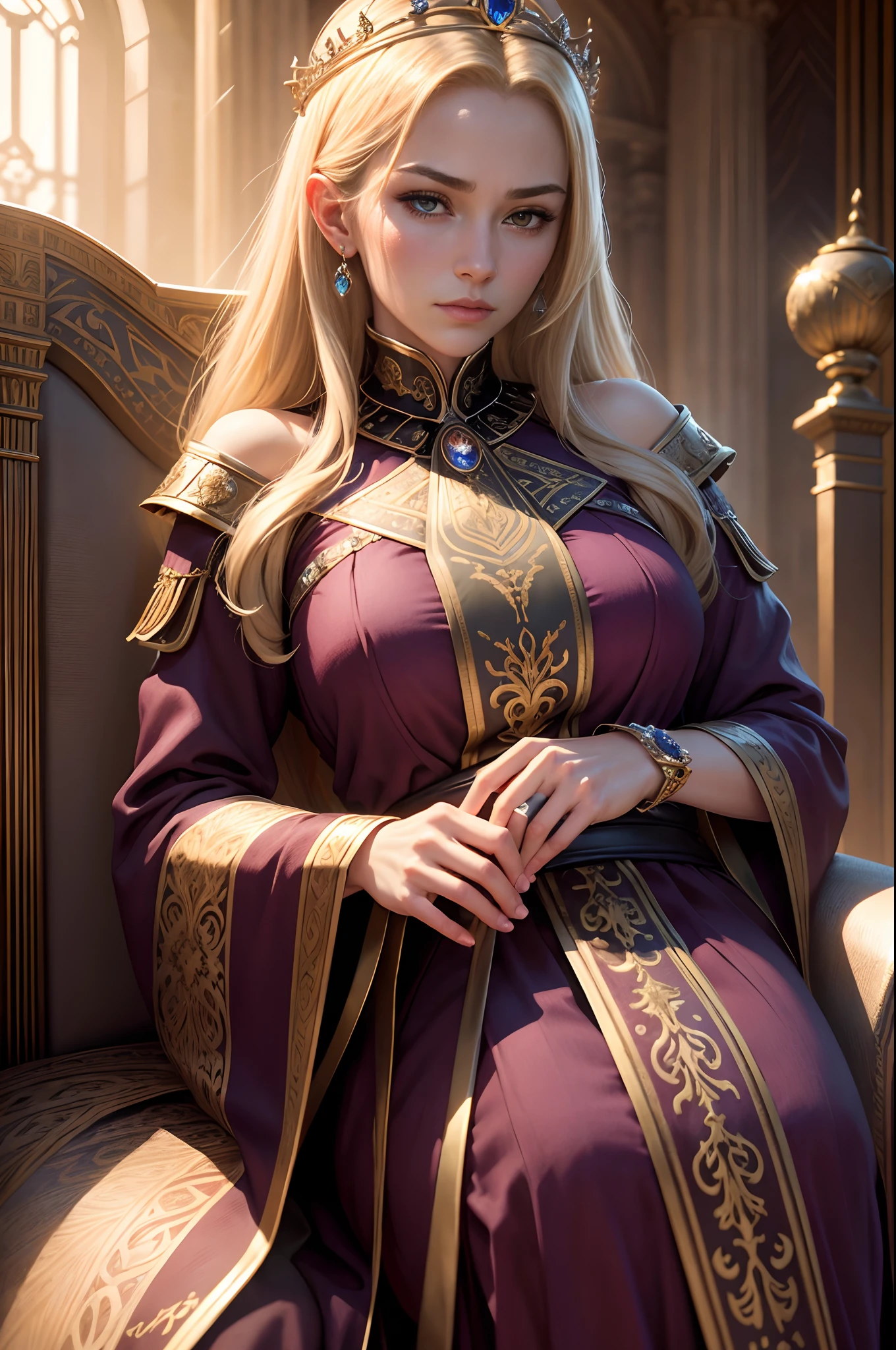 best qualtiy，tmasterpiece，detaileds，intricate-detail，Realistic movie lighting，（Fantasyart：1.6），（Seiza：1.1），（frontage：1.2），????? through，royal，An majestic，A queen，empress，（Huge and magnificent seats：1.4），tiara crown，Front close-up，Stately，souls，upright posture，Serious，dignity，Sitefront，Contemplative，Weight substance，Sceptre，jewely，独奏，a medieval castle，Velvet Carpet，godrays，1 woman　8K,