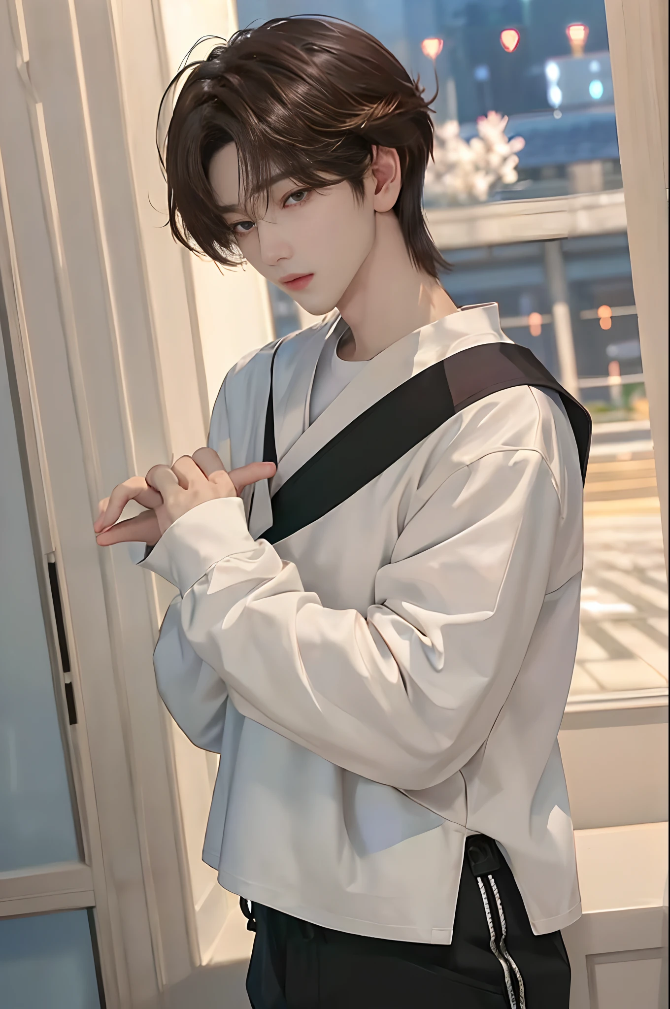 masterpiece、top-quality)、One Manly Boy、Slim body、((Long black and white long sleeve pants:1.1))、(Detailed beautiful eyes)、In the Han River、Face similar to Chaewon in Le Selefim、((short hair above the ears))、((Smaller face))、((Neutral face))、((Light brown eyes))、((Korean boy))、((18year old))、((Handsome man))、((Wild look))、((Korean Makeup))、((elongated and sharp eyes))、((Happy dating))、((He is walking in front of the viewer))、((shot from a side angle))