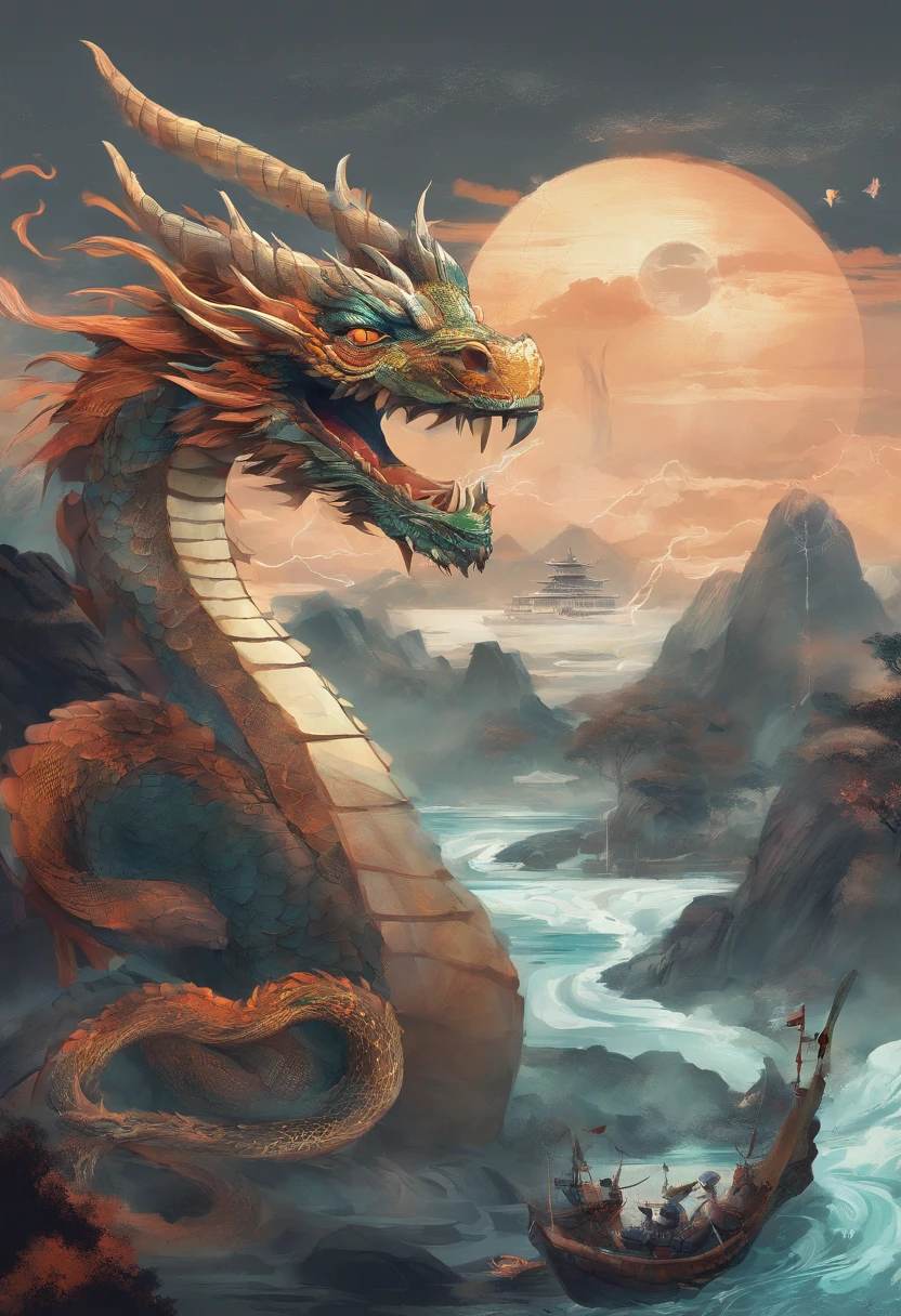 Dragon turtle,Huge, Heavy tortoiseshell shell,Chinese leader,The long tail of the snake,Soaring waves,China-style,oc rendered,super-fine,high qulity,A high resolution