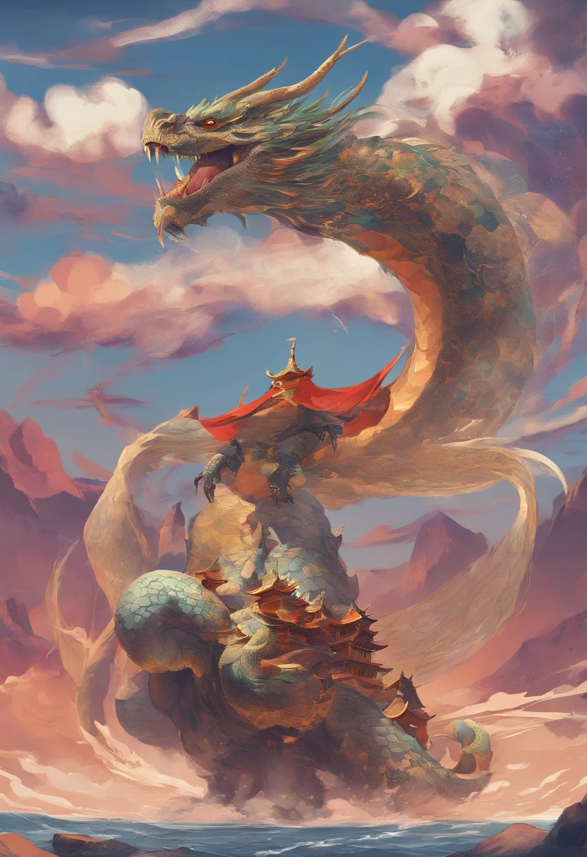 Dragon turtle,Huge, Heavy tortoiseshell shell,Chinese leader,The long tail of the snake,Soaring waves,China-style,oc rendered,super-fine,high qulity,A high resolution