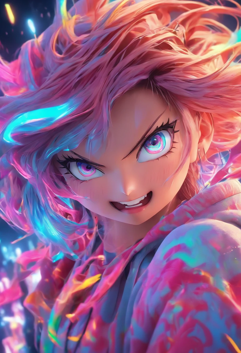 Top quality, 。.。.3D.Masterpiece, high resolution, 8K, Hoodie and anime style girl, One girl, detailed line art,  Digital enhancement, Close up, Anime core, Flowing fabric，Grimacing
