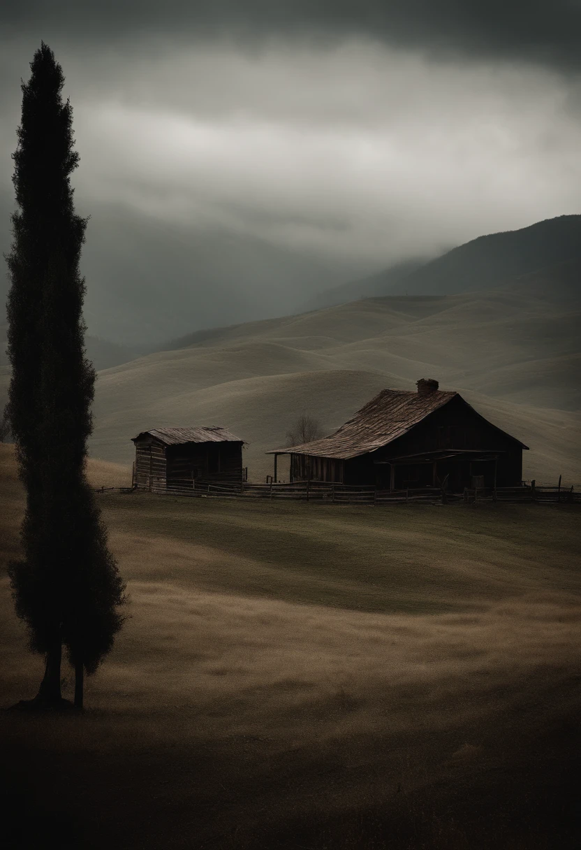 Old ranch perched on top of a hill gloomy and disturbing appearance a visible shadow at the bottom the valley atmosphere terror