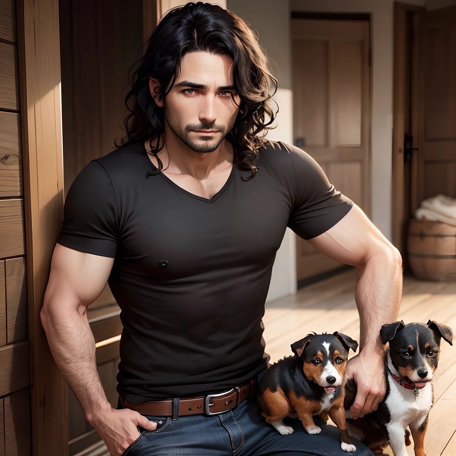 A 39 year old man with black wavy hair and deep brown eyes wearing a black and red cowboy shirt, black jeans and dark brown boots, holding a Jack Russell Terrier