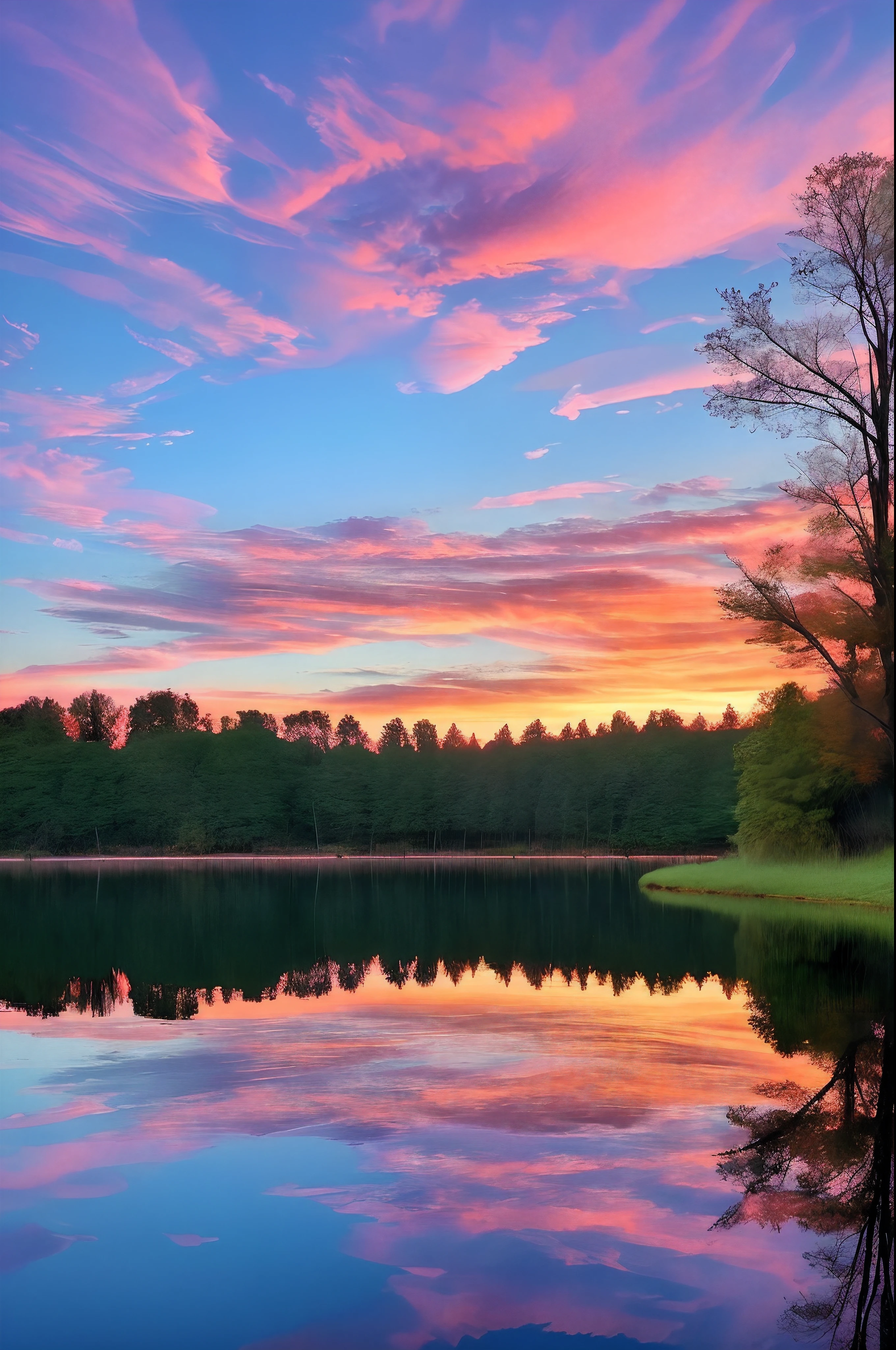 there is a beautiful sunset with a lake and trees in the background, colorful skies, surreal colors, colorful sunset, colorful sky, marvellous reflection of the sky, stunning sky, dream like atmosphere 8k, colorful clouds, colors reflecting on lake, surreal sky, red and blue reflections, fire reflection, beautiful sky, beautiful and spectacular dusk, beautiful dreamy landscape, amazing sky