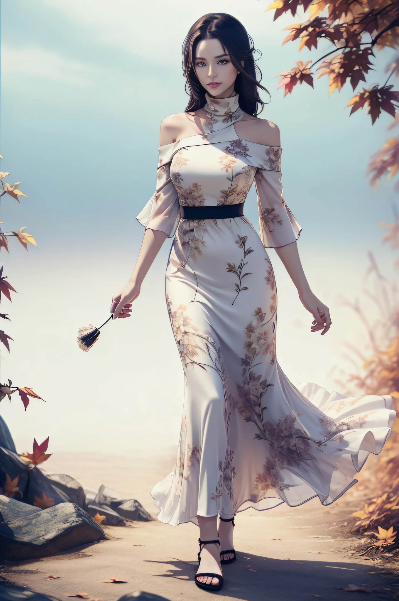 ((Masterpiece, best quality,edgQuality)), smug,smirk, edgADC_fashion, long dress, autumn leaves print,sandals,off shoulder turtleneck ,wearing edgADC