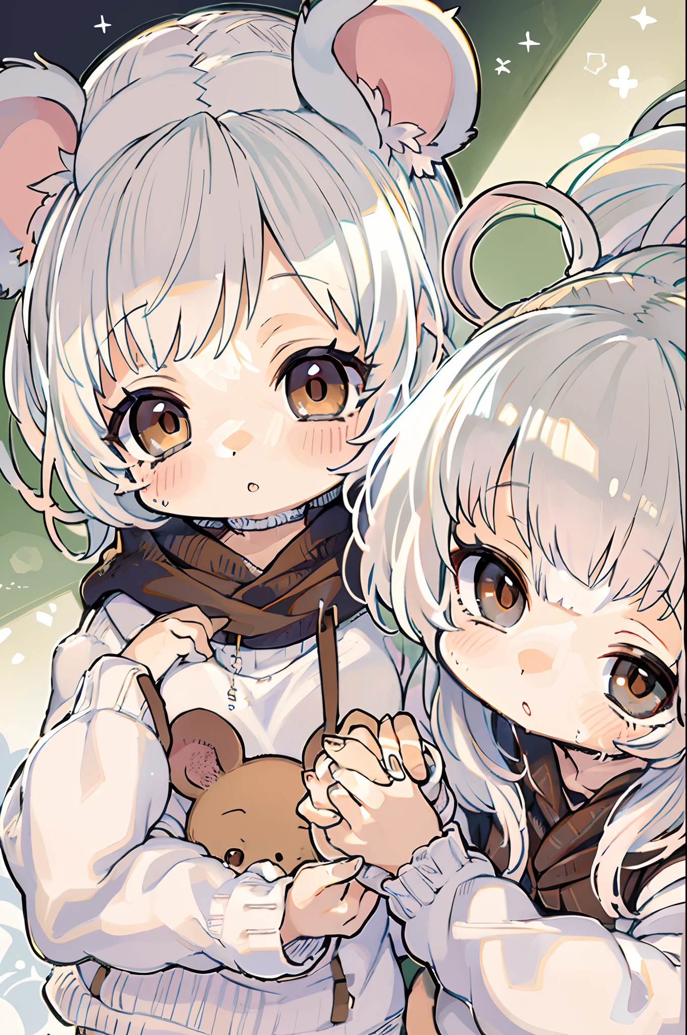 twins, Mouse Girls, short fluffy white hair, Big round mouse ears, White sweater, Holding hands, ((dark brown eyes)), a couple, Beautiful, Glossy lips, Detailed eyes,Chibi
