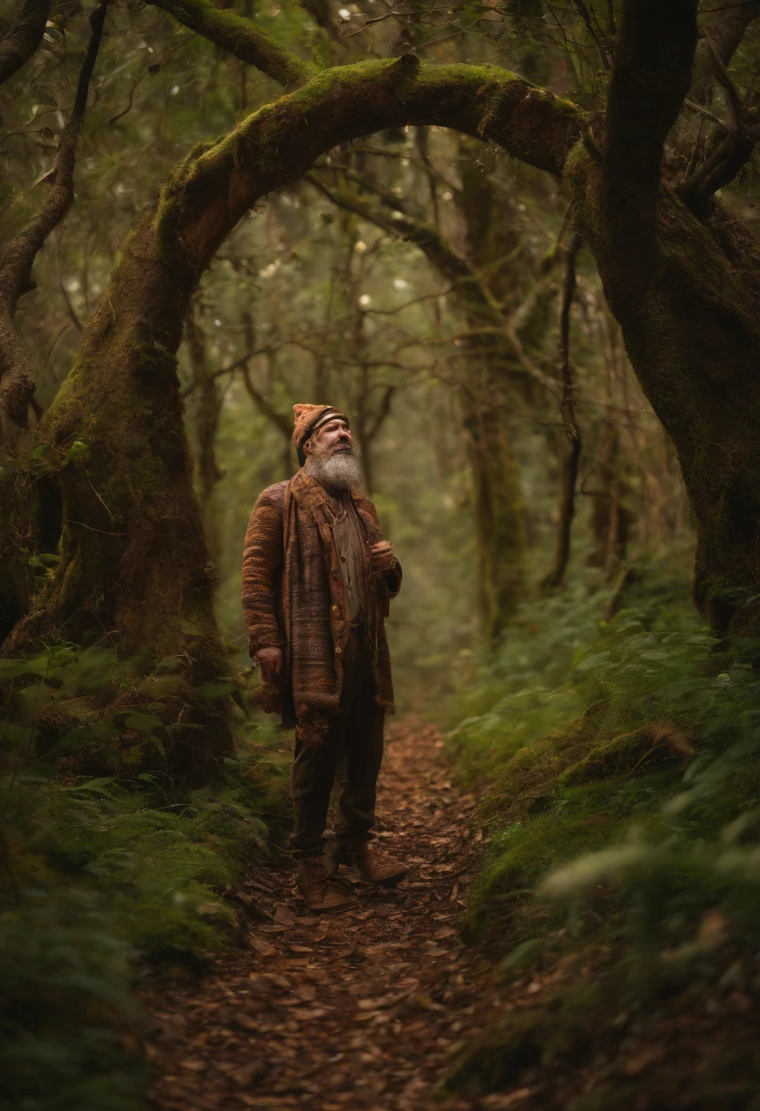 Imagine um jovem com cabelo castanho, brown eyes and wearing baggy clothes of earthy tones that blend perfectly with the magical environment around him. He's standing in a magical forest clearing, with trees of extravagant shapes and trunks festooned with plots of bright vines. Na clareira, gnomos animados, with pointy hats and colorful clothes, they dance in circles around the young man, seus rostos repletos de sorrisos travessos. Giant mushrooms and psychedelics, with mesmerizing patterns and vivid colors, crescem ao redor deles, offering unlikely seats for the gnomes and a resting place for the young man. In the night sky, a lua cheia brilha intensamente, casting shadows and highlighting the details of this magical scene. Make the drawing capture the sense of mystery, Charm and adventure that permeates this magical forest