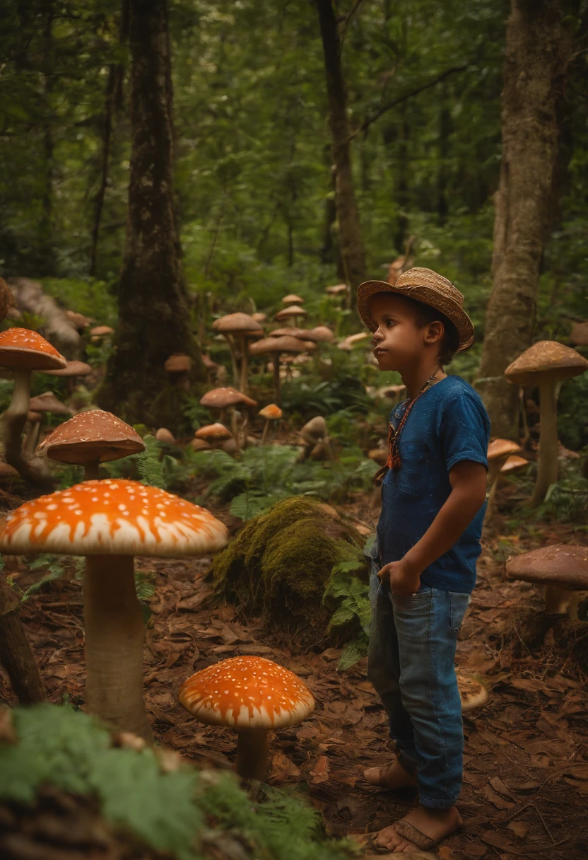 Imagine um jovem com cabelo castanho, brown eyes and wearing baggy clothes of earthy tones that blend perfectly with the magical environment around him. He's standing in a magical forest clearing, with trees of extravagant shapes and trunks festooned with plots of bright vines. Na clareira, gnomos animados, with pointy hats and colorful clothes, they dance in circles around the young man, seus rostos repletos de sorrisos travessos. Giant mushrooms and psychedelics, with mesmerizing patterns and vivid colors, crescem ao redor deles, offering unlikely seats for the gnomes and a resting place for the young man. In the night sky, a lua cheia brilha intensamente, casting shadows and highlighting the details of this magical scene. Make the drawing capture the sense of mystery, Charm and adventure that permeates this magical forest