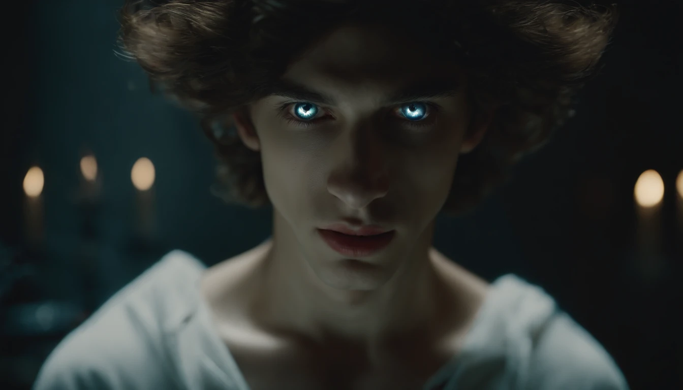 a young man approximately , with the appearance of demonic possession, with the pupil to himself, and the iris of the White eyes, cinematic. 8k, realistic