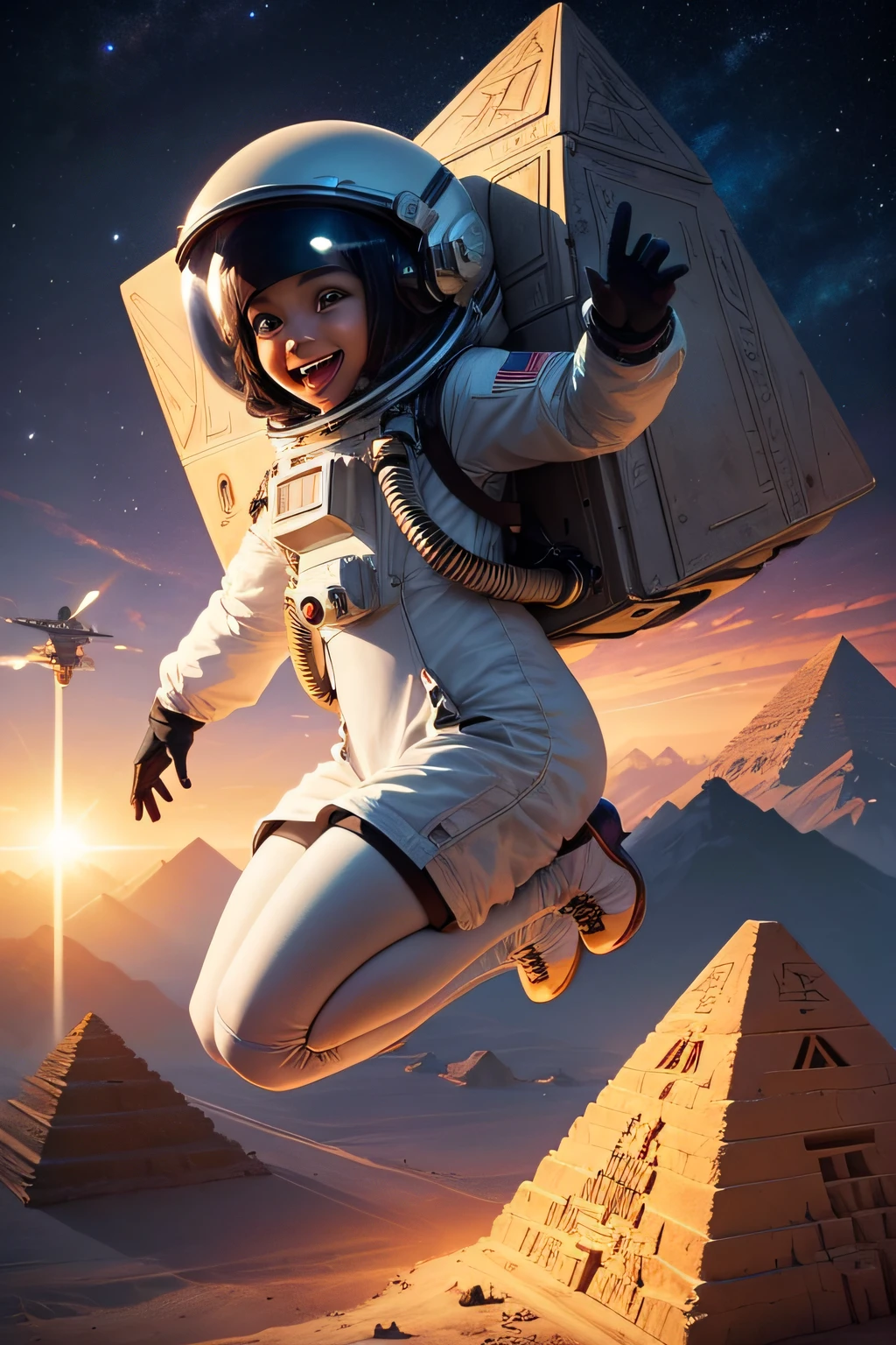 On a nonperpetual alien planet, a really happy astronaut jumping for joy discovers pyramids and obelisks with very detailed and magnificent hieroglyphs