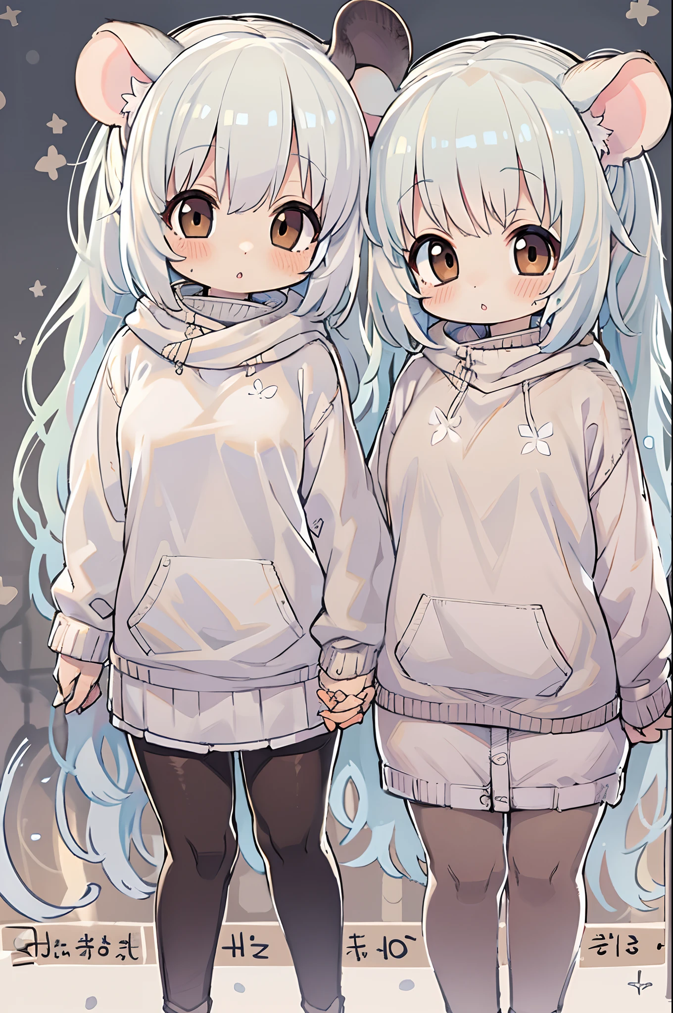 twins, Mouse Girls, short fluffy white hair, Big round mouse ears, White sweater, Holding hands, ((dark brown eyes)), a couple, Beautiful, Glossy lips, Detailed eyes,Chibi