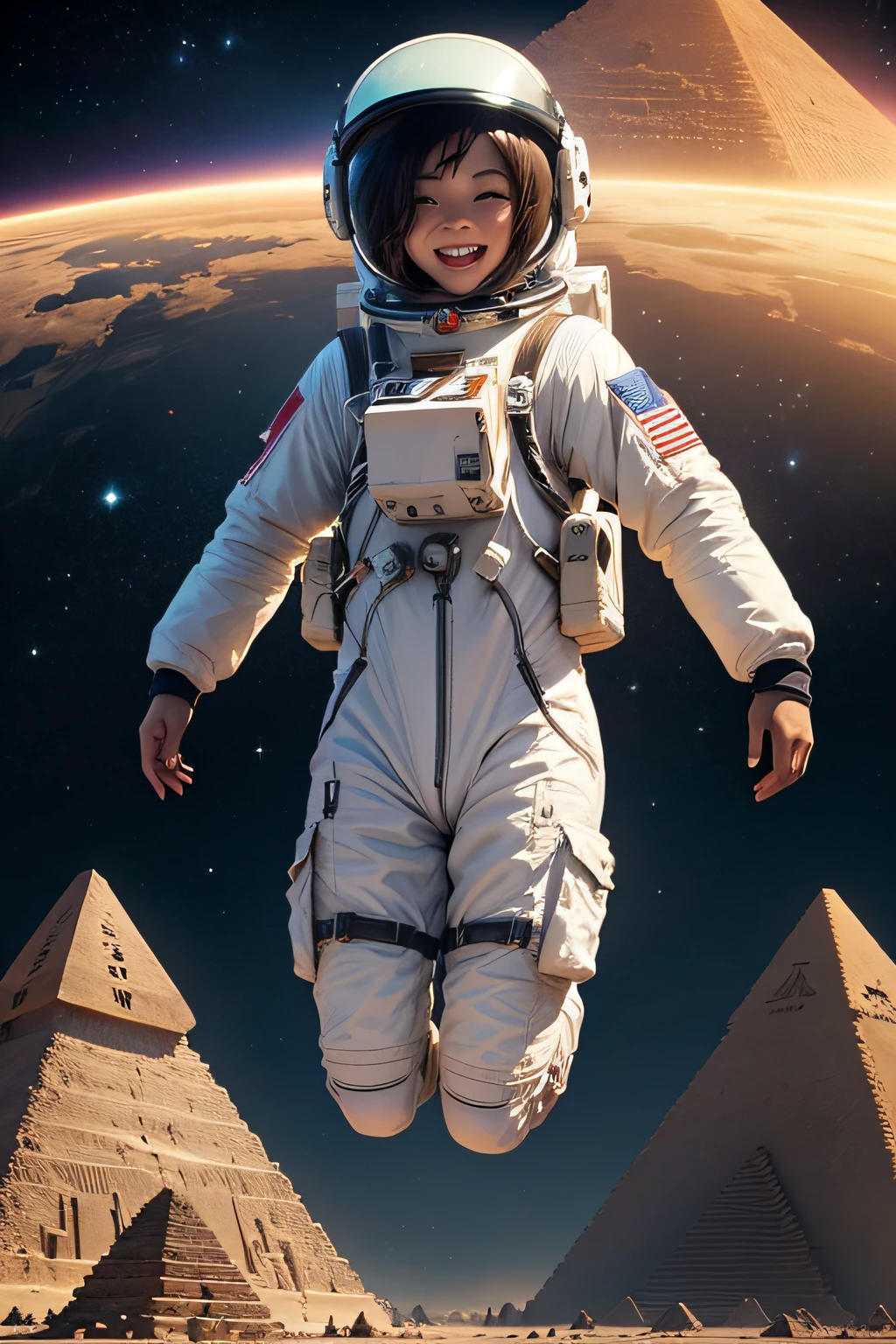 On a nonperpetual alien planet, a really happy astronaut jumping for joy discovers pyramids and obelisks with very detailed and magnificent hieroglyphs