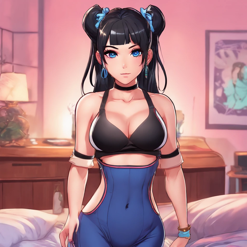 stockings, black hair with blue highlights, high ponytail with side bangs, seductive expression, black lipstick, heavy mascara, extremely thick eyeliners, (full body, detailed face), HD, huge breasts, detailed cleavage, looking at the viewer, standing, bedroom, 1girl, masterpiece, lisa \(genshin impact\)