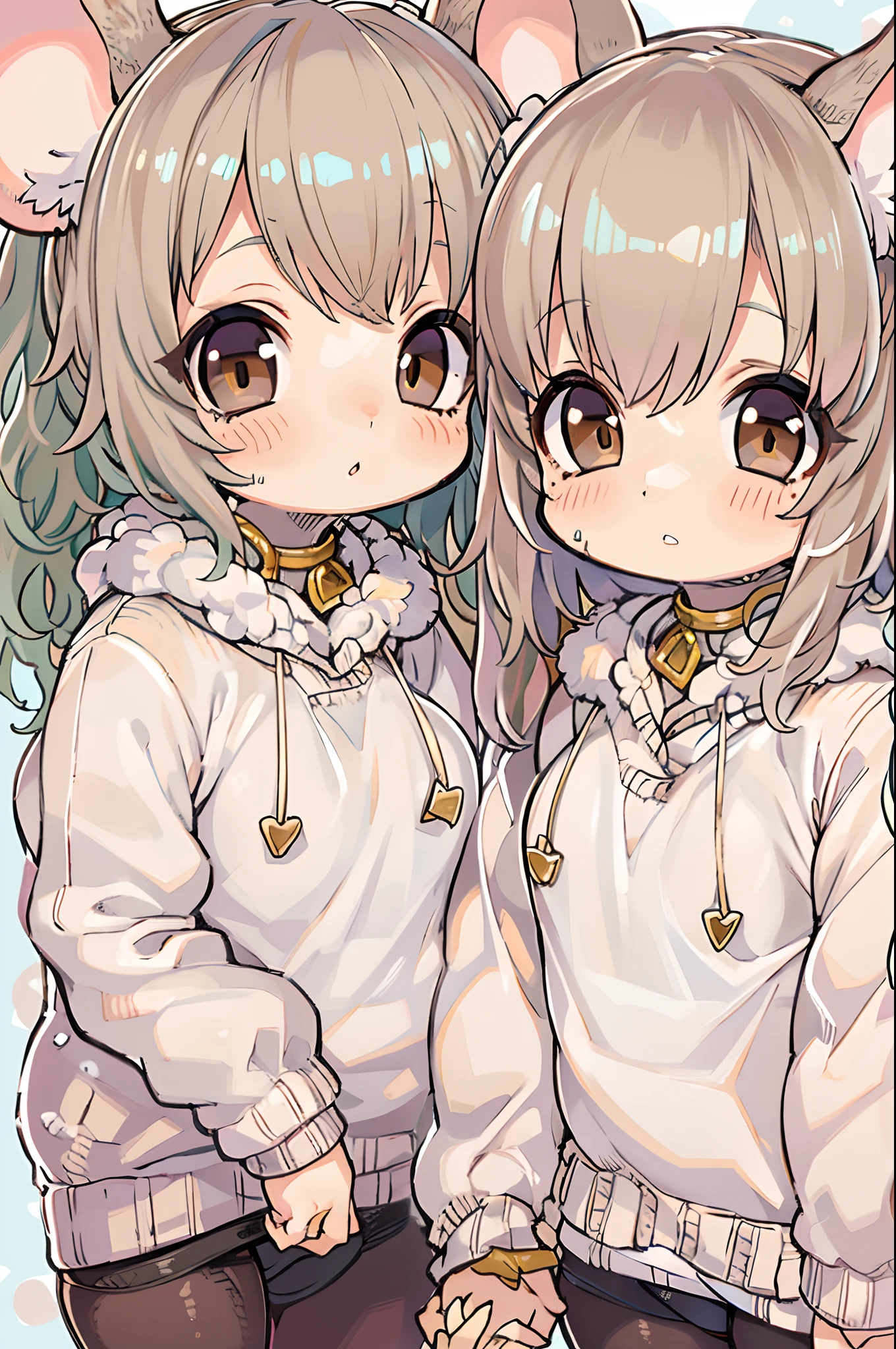 twins, Mouse Girls, short fluffy white hair, Big round mouse ears, White sweater, Holding hands, ((dark brown eyes)), a couple, Beautiful, Glossy lips, Detailed eyes,Chibi