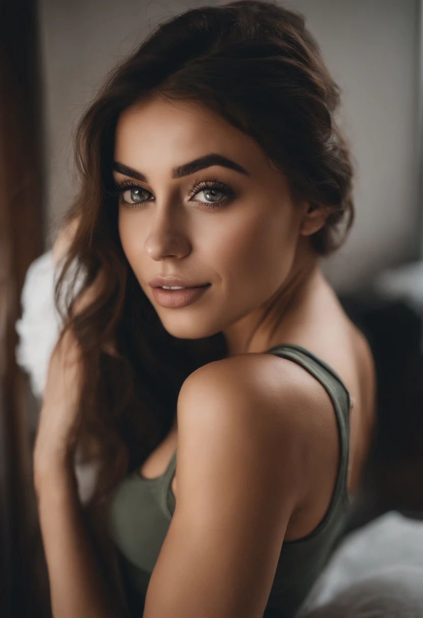 Arafed woman with tank top and matching shorts, fille sexy aux yeux bruns, Portrait Sophie Mudd, cheveux bruns et grands yeux, selfie of a young woman, Yeux de chambre, Violet Myers, sans maquillage, maquillage naturel, looking straight at camera, Visage avec Artgram, Maquillage subtil, Superbe photo du corps entier, dans la chambre, clivage, cleavage