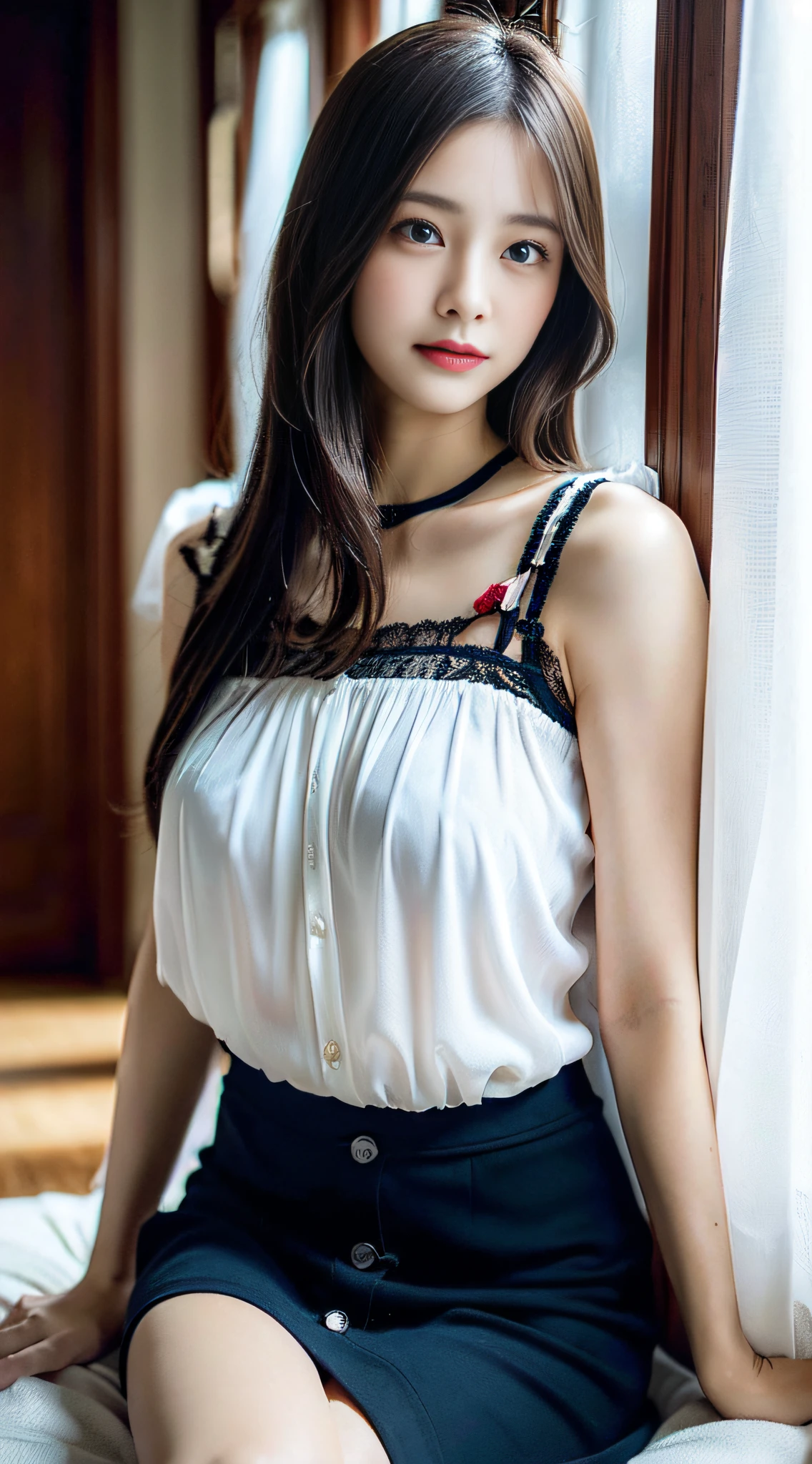 (32k,high detal,high-detail、Attention to detail,full body Esbian,独奏,Although incredibly beautiful and sexy、Very pretty15 high school girl loli beaiful girl:1.9),Raw photo & realistic atmosphere,beautiful dark blue eyes,Detailed mouth,Glossy lips,Detailed eyebrows,Eyes drawn in detail with soft white skin that shines with every detail、Very beautiful eyes with dark blue eyes,Detailed lips、Very beautiful face,Very well-formed face、Real Face,shiny beautiful lips,Beautiful eyebrows,Infinite reality, Realistic Young Gravure Idol, Young Sensual Gravure Idol, Young Gravure Idol, Beautiful, Sexy and cute.15 year old hol girl beautiful girl,the whole body is wet,dripped out,with a flushed face,,The body is dripping wet,Sheer clothing,Hair is wet,Dripping water,dripping,(Wet and see-through short sleeve blouse,Beautiful kind eyes,Looking at the camera:1.5),(Beautiful smooth legs,Exposed thighs,Gentle smile,Sexy shapely breasts,,Immature body,Beautiful sexy floral almost lace blouse with red and white base,Super emphasis on bare thighs,Show off your beautiful thighs sexy,Dark room in crimson sexy space,Sit on the bed、Stand on both feet:1.7),(semi-long hair with shiny knots,,,White and navy blue floral lace blouse,3dUltra-high resolution blouse with super detail、Lace and ruffles、See-through fabric for sexiness,All buttons of the blouse are unbuttoned.,Lower body wears black pantyhose, garter belt and G-string,cover crotch with hands,Warm your crotch with your hands,Dark red,total darkness,The room is dark、Difficult to see the subject.,Sexy space in pitch black red:1.9)