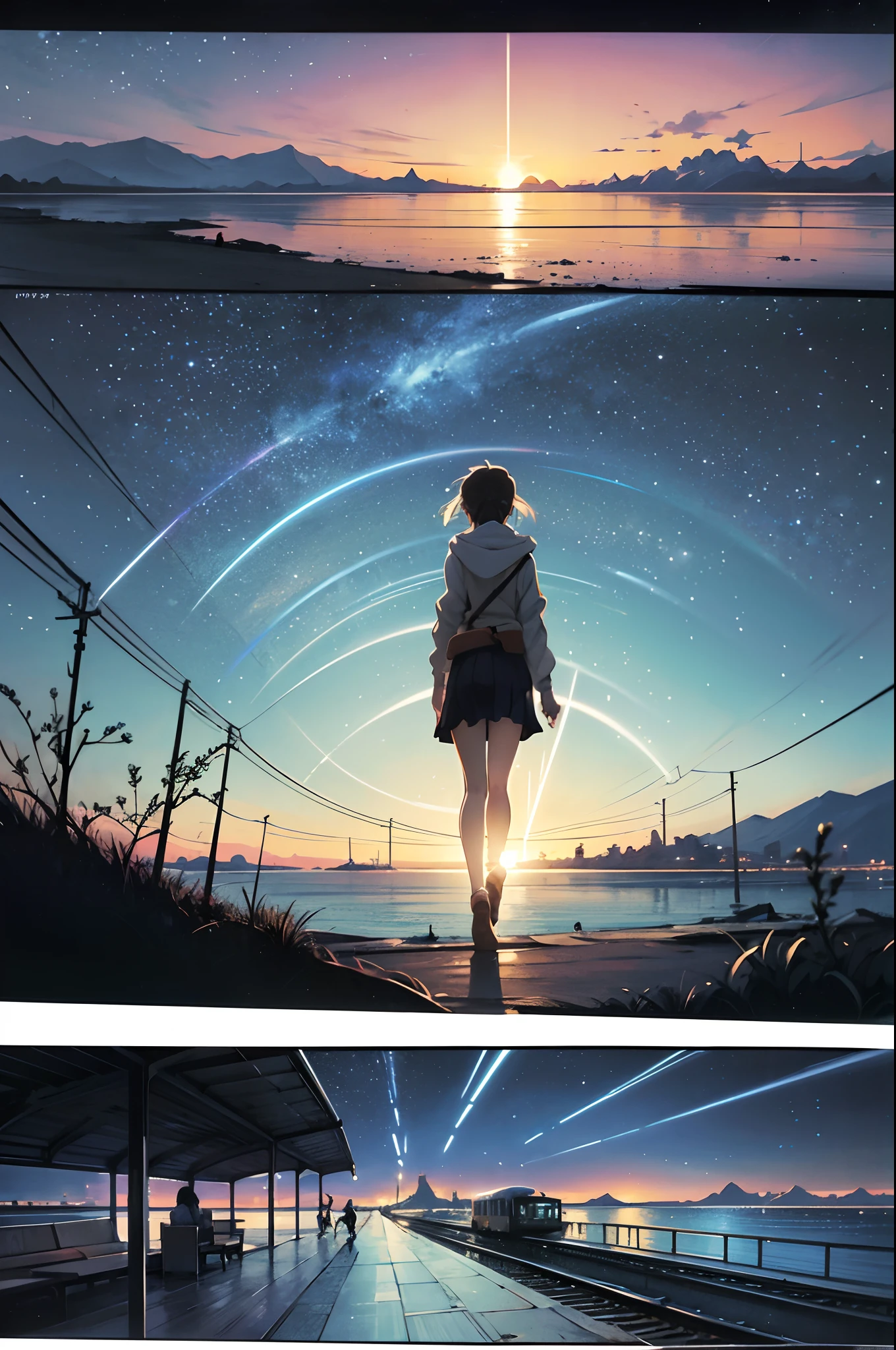 comic strip,Cartoon Split,Storyboard,Masterpiece, Anime train passing through large bodies of sea water on tracks, Bright starry sky. Romantic train, Makoto Shinkai's picture, Pisif, concept-art, Lofi art style, Reflection. By Makoto Shinkai, Lofi art, beautiful anime scenes, Anime landscape, Detailed scenery —width 672, in the style of makoto shinkai, Makoto Shinkai's style, Enhanced detail.