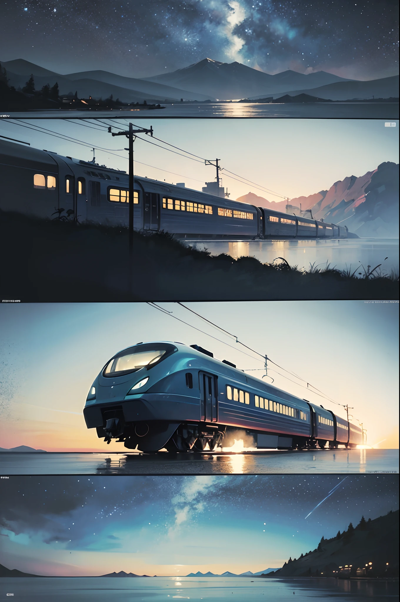 comic strip，Cartoon Split，Storyboard，Masterpiece, Anime train passing through large bodies of sea water on tracks, Bright starry sky. Romantic train, Makoto Shinkai's picture, Pisif, concept-art, Lofi art style, Reflection. By Makoto Shinkai, Lofi art, beautiful anime scenes, Anime landscape, Detailed scenery —width 672, in the style of makoto shinkai, Makoto Shinkai's style, Enhanced detail.